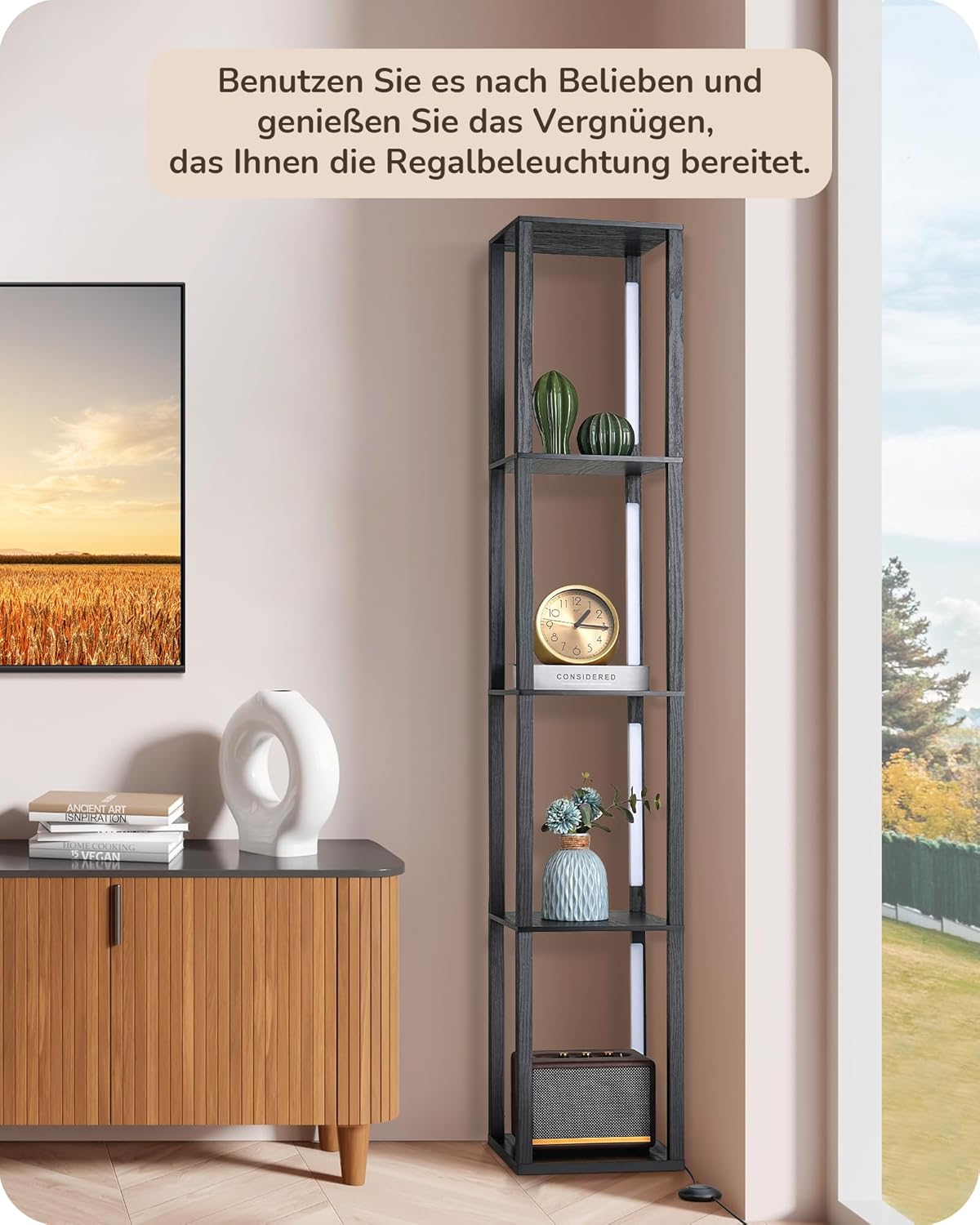 EDISHINE Lampada da Terra con Ripiani in Legno, Nera - immagine 8