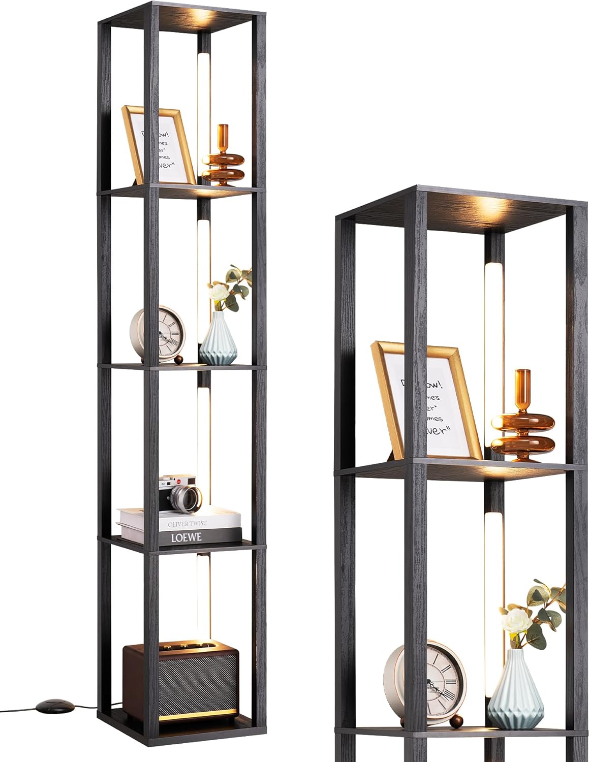 EDISHINE Lampada da Terra con Ripiani in Legno, Nera - immagine 9