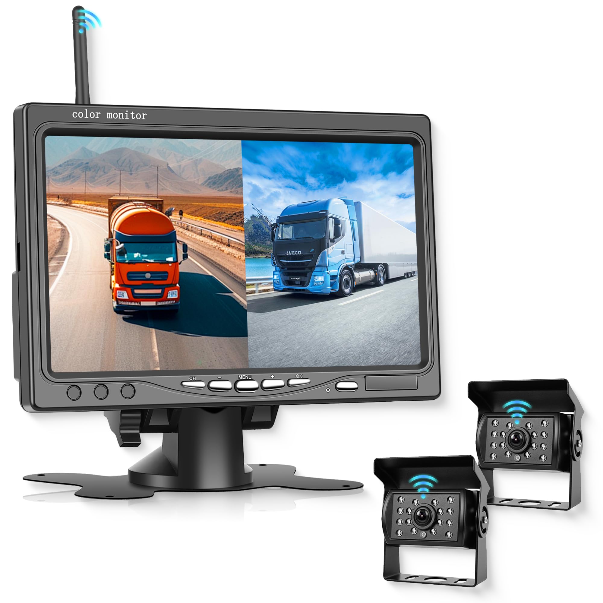 Rimoody Senza Fili Telecamere Retromarcia 2 Telecamere Kit, 7 Pollici IPS Monitor, Visione Notturna, IP68 Étanche, BSD, Image Flip Telecamera Posteriore per Auto/Camion/Bus/Furgone/Camper/Rimorchio