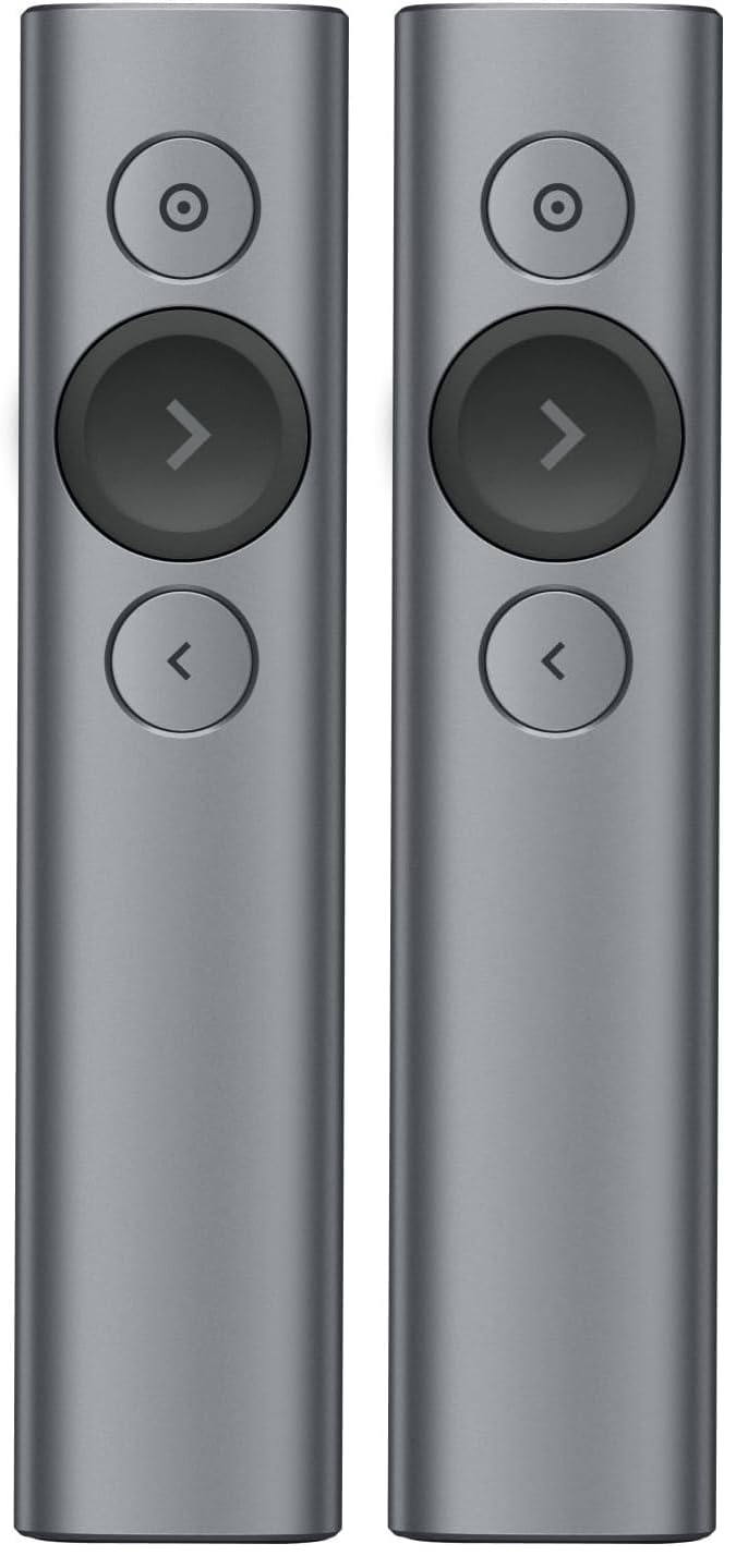 Logitech Spotlight Presenter, Puntatore Laser per Presentazioni Wireless, 2,4 GHz e Bluetooth, Ricevitore USB, Puntatore Laser Digitale, Portata 30 Metri, Timer, PC/Mac/Android/iOS - Grigio