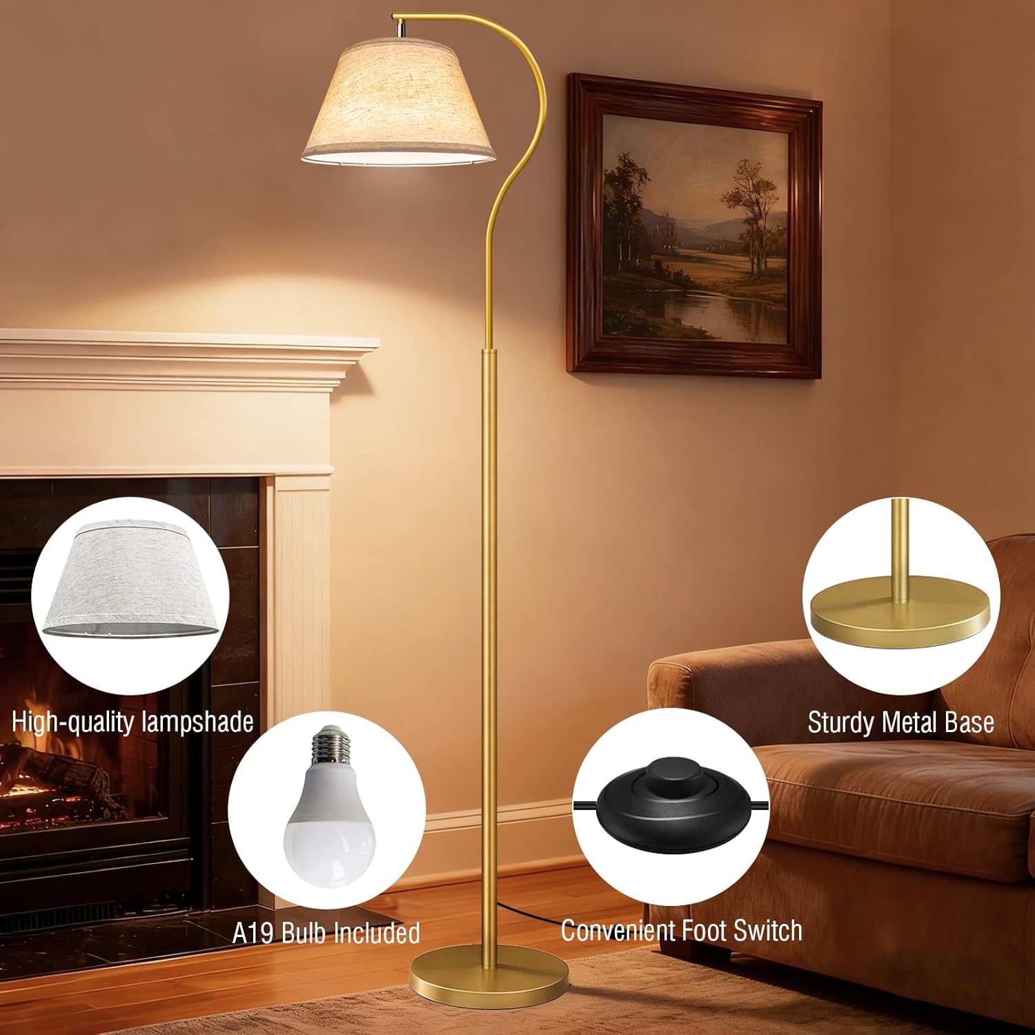 BBHome Lampada da Terra ad Arco con LED 9W - Oro - immagine 3