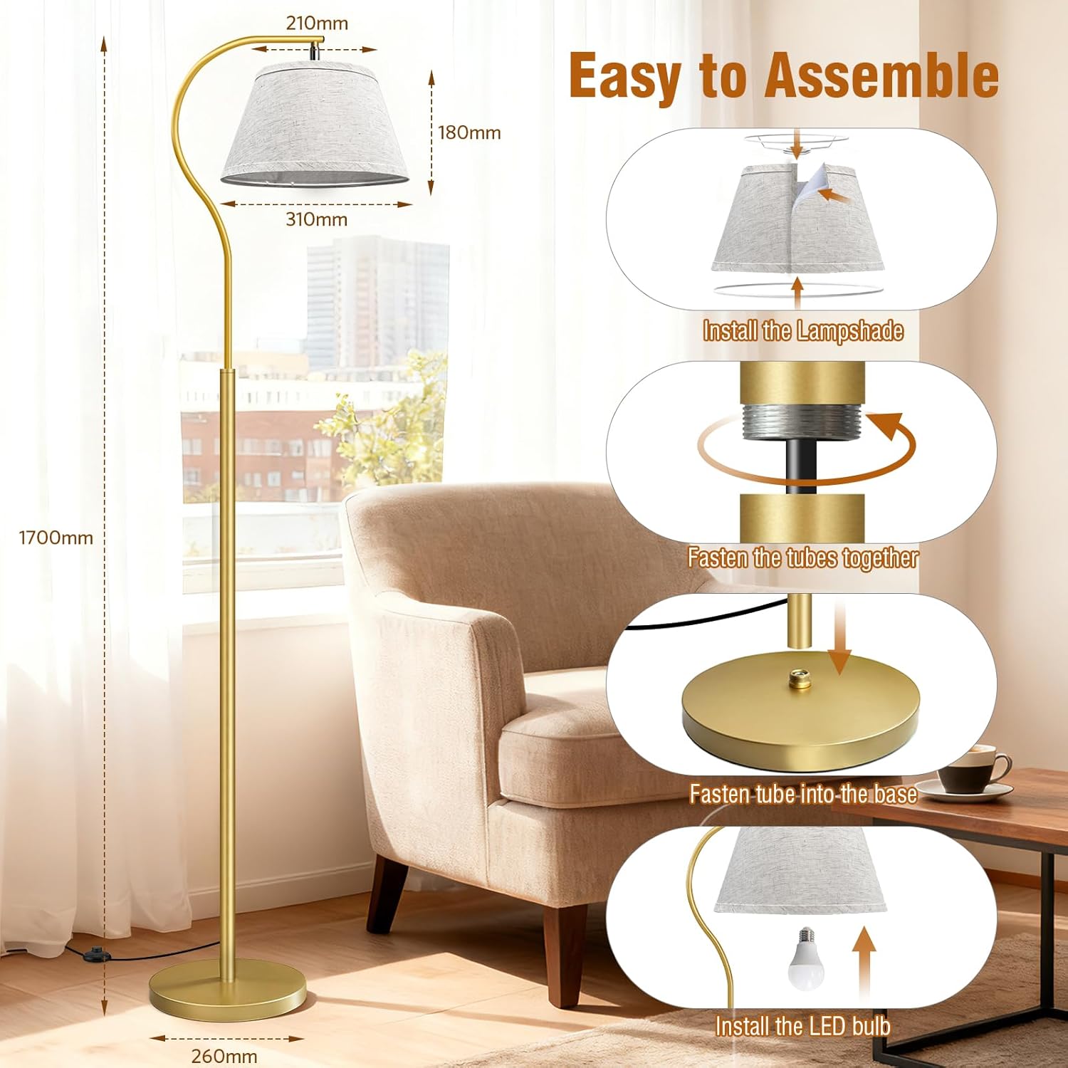 BBHome Lampada da Terra ad Arco con LED 9W - Oro - immagine 4