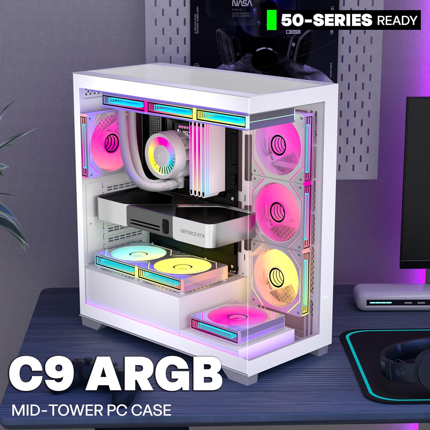 Case PC ATX Mid Tower 270° Full View, Pure White - immagine 2