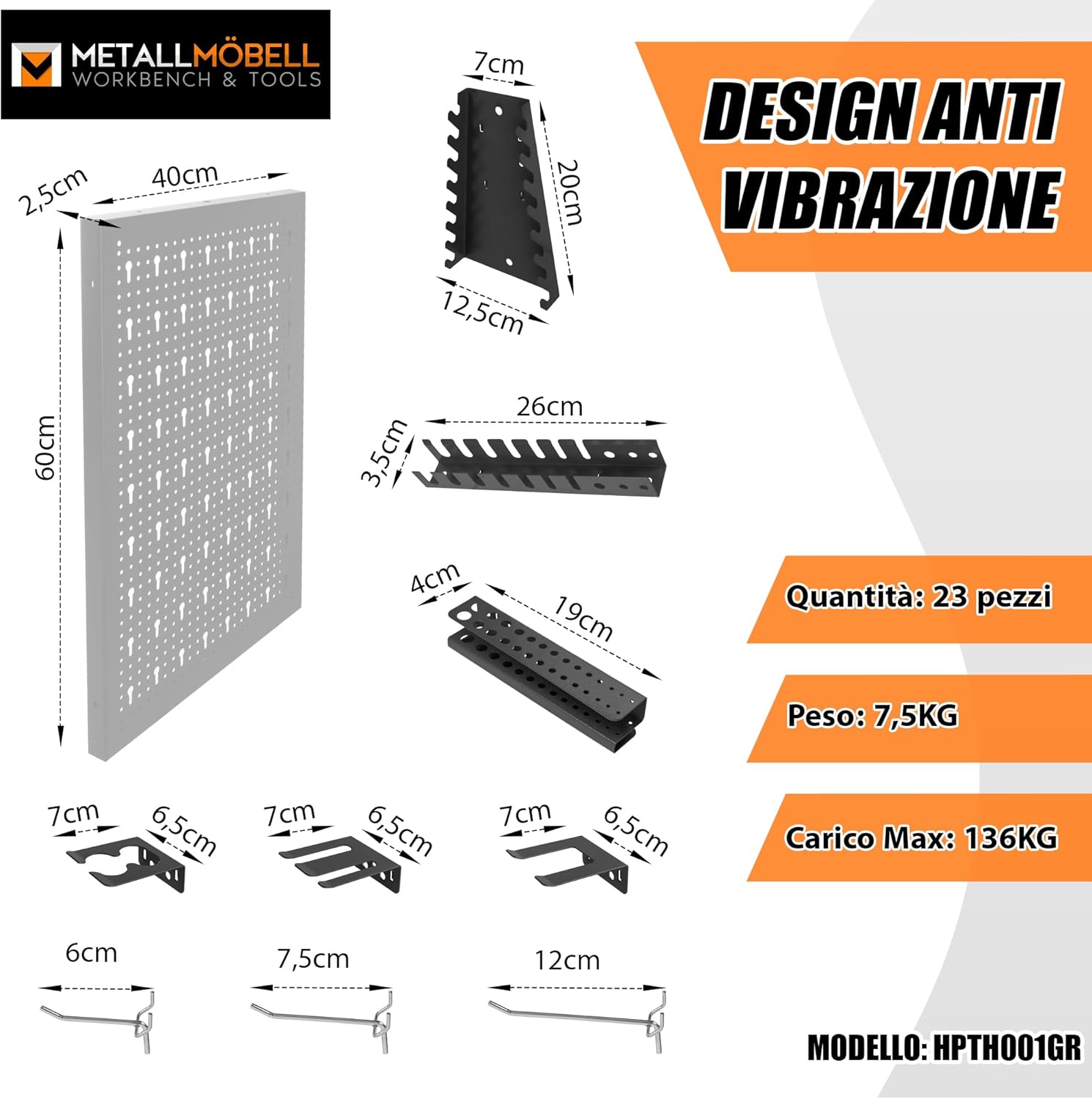METALLMOBELL - Pannello Porta Attrezzi da Parete 160x60x2cm - immagine 2