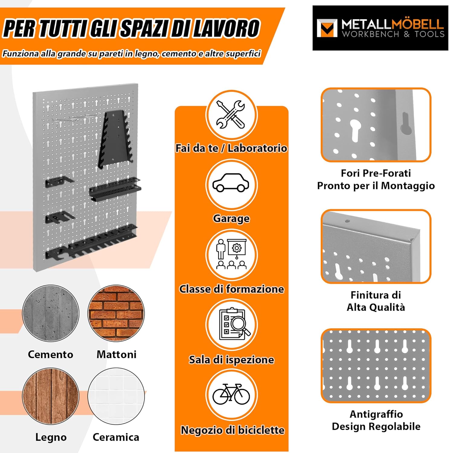 METALLMOBELL - Pannello Porta Attrezzi da Parete 160x60x2cm - immagine 3