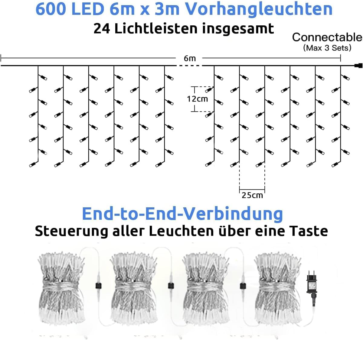 Dekofun Tenda Luminosa 2 Pezzi 600 LED Cascata 6x3m - immagine 5