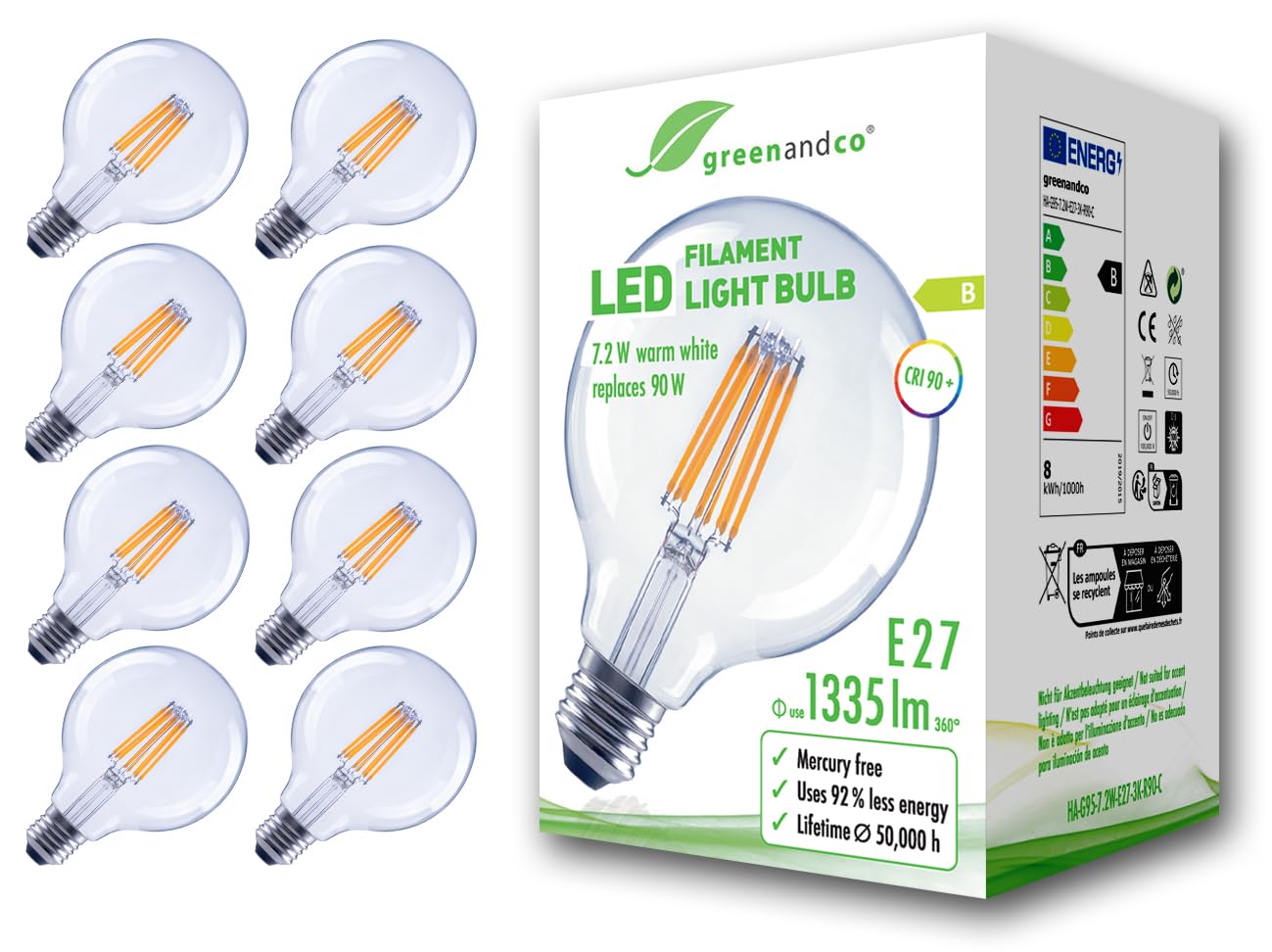 Greenandco 8 Lampadine Filamento LED E27 G95 7,2W