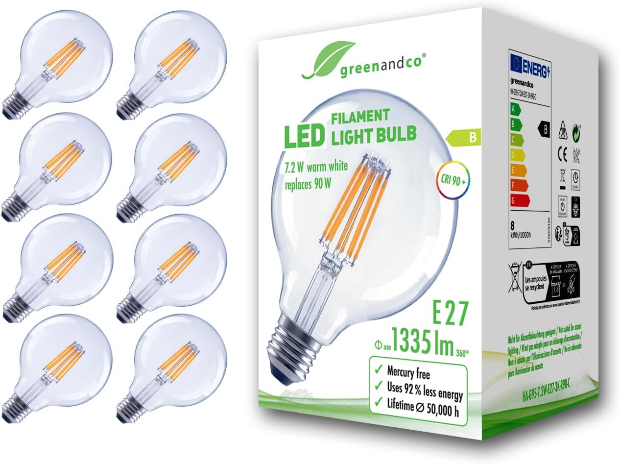 Greenandco 8 Lampadine Filamento LED E27 G95 7,2W - immagine 1
