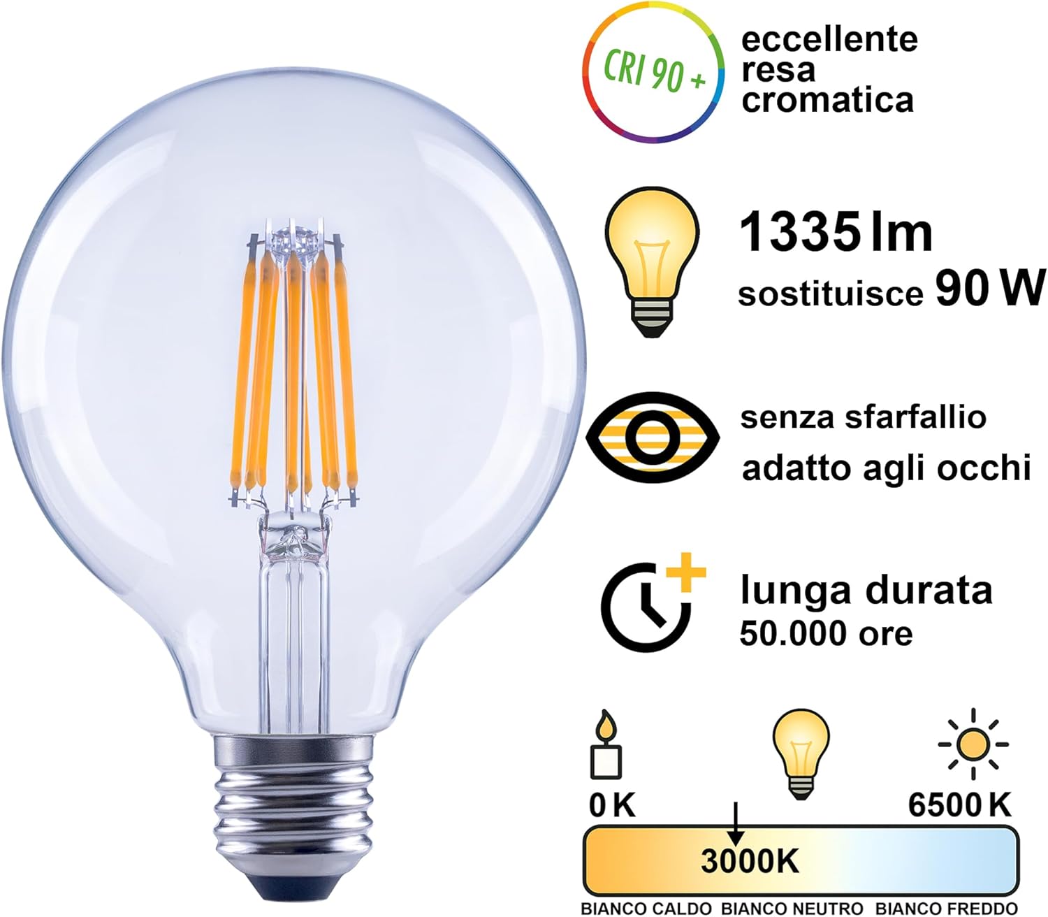 Greenandco 8 Lampadine Filamento LED E27 G95 7,2W - immagine 3