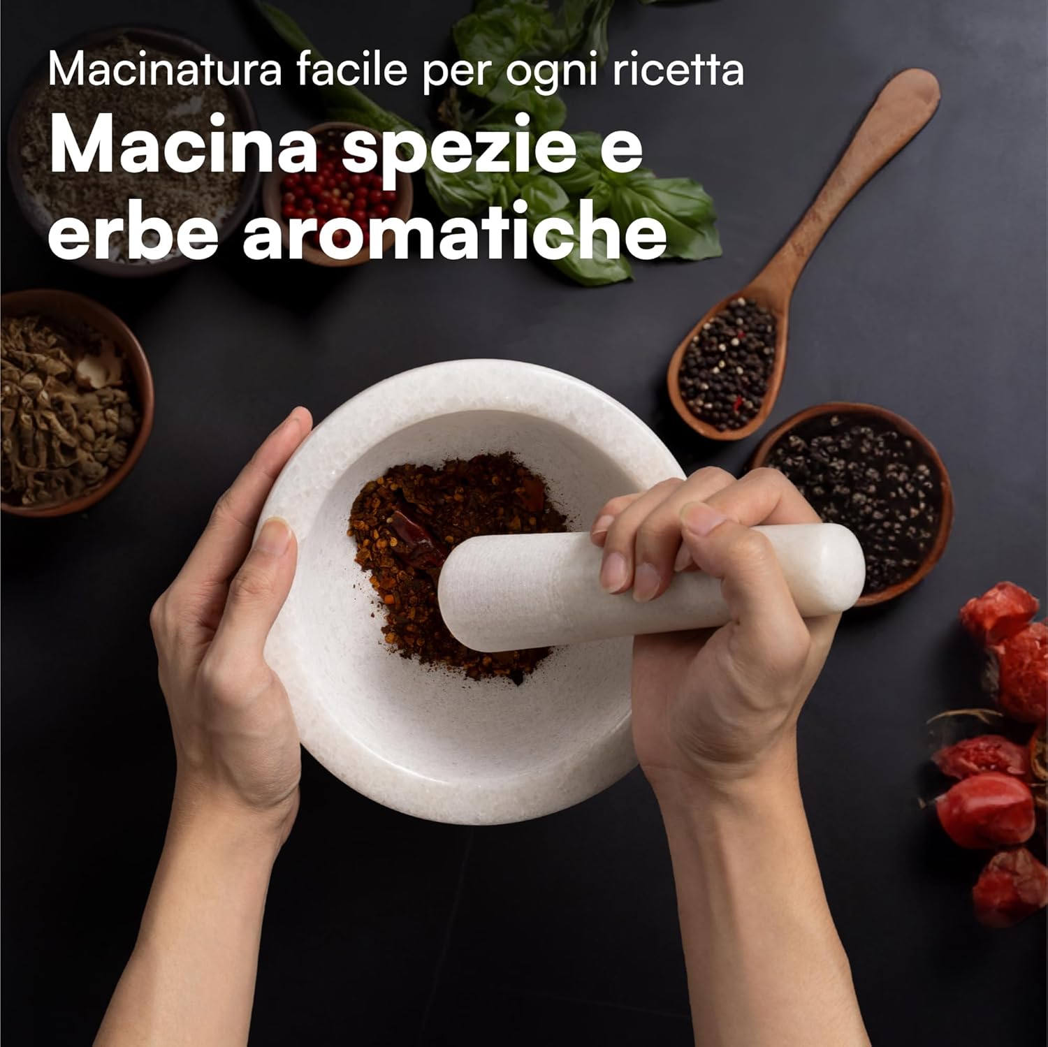 H&s Mortaio con Pestello in Marmo Ø 18 x 10 cm, Bianco - immagine 2