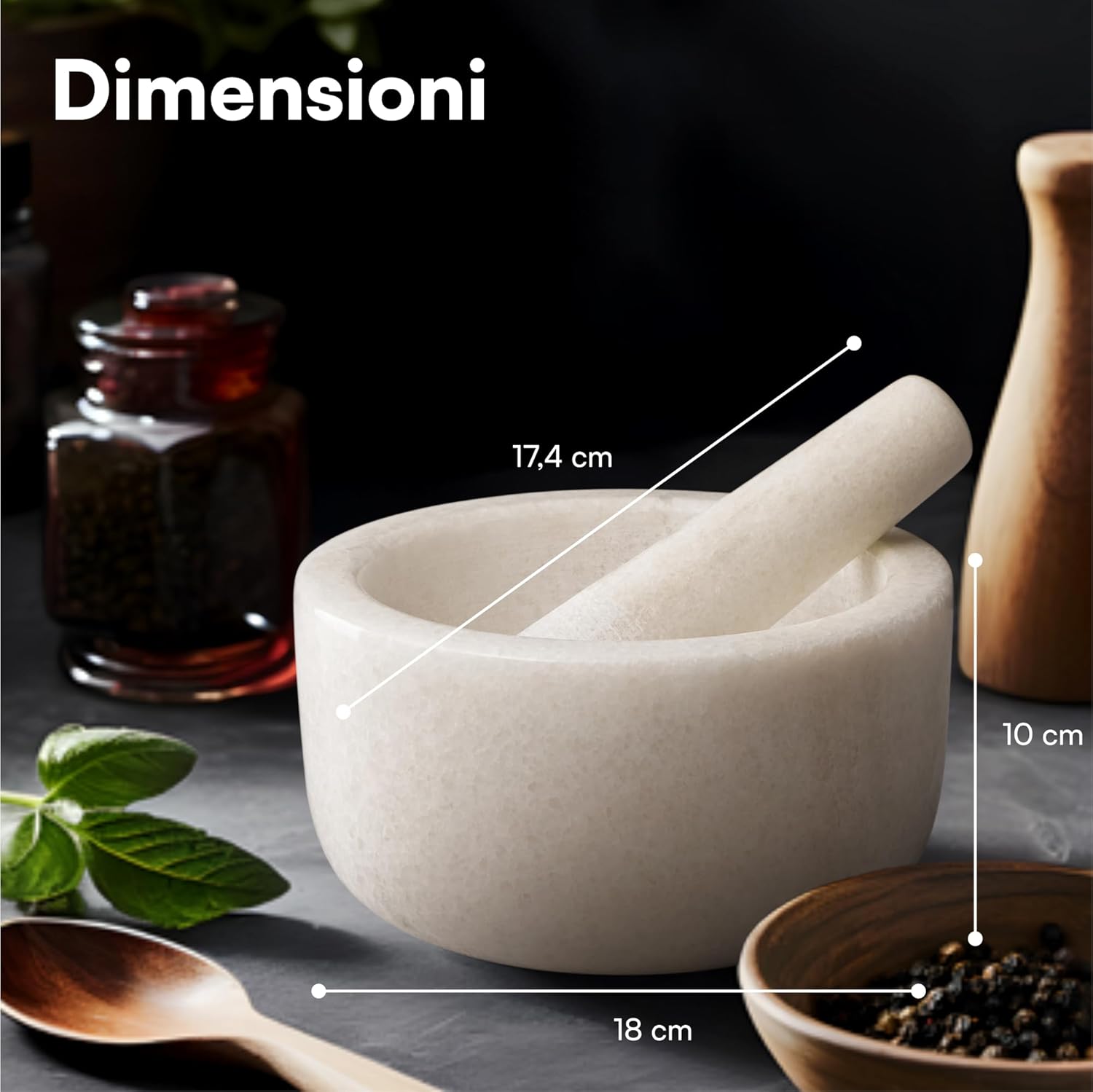H&s Mortaio con Pestello in Marmo Ø 18 x 10 cm, Bianco - immagine 4