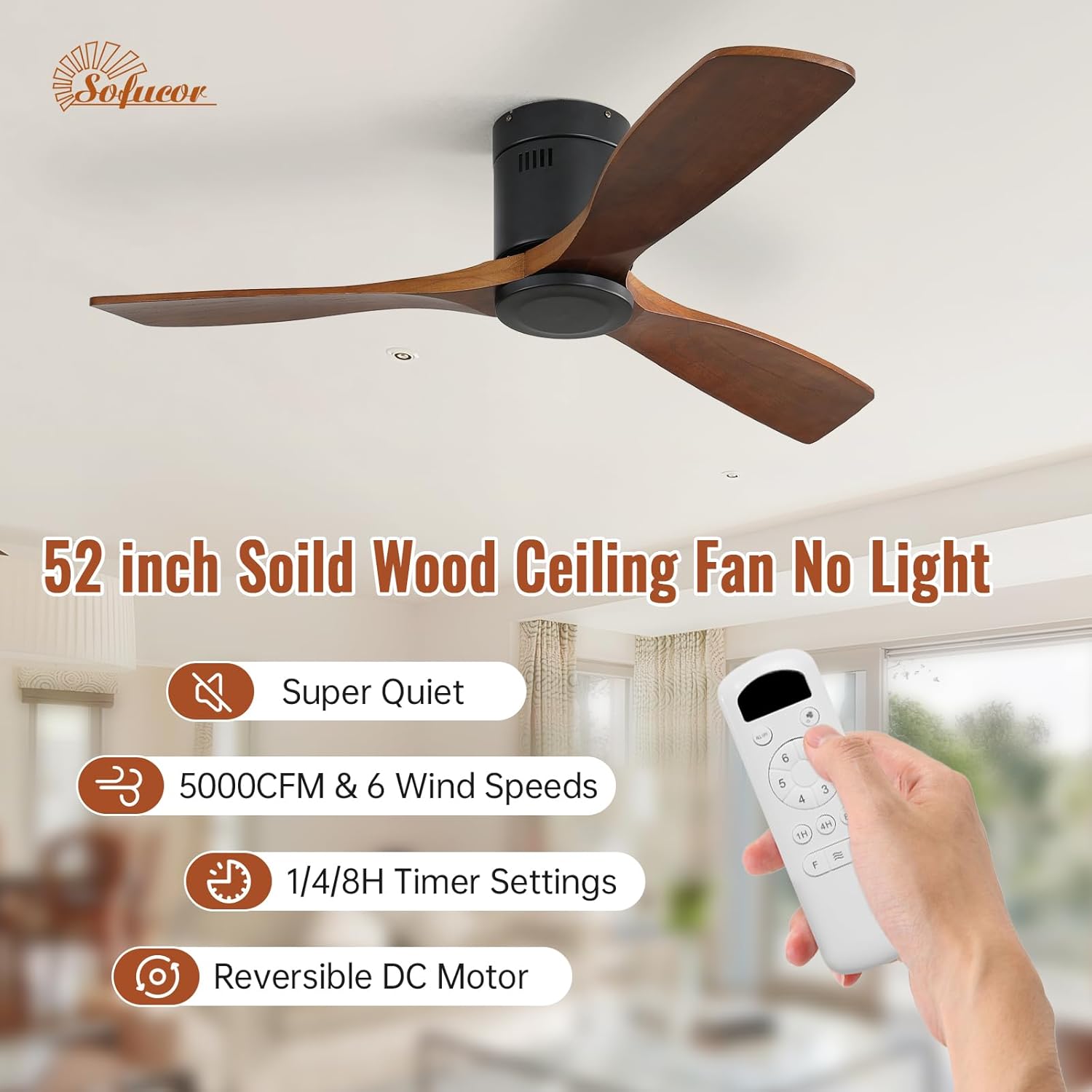 Sofucor Ventilatore da Soffitto Legno Massiccio 132cm - immagine 5