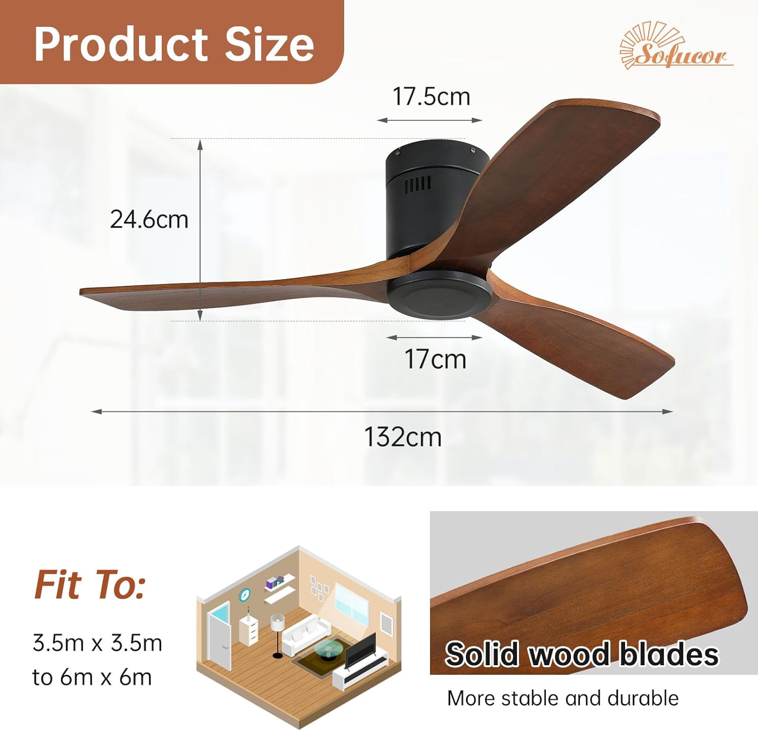 Sofucor Ventilatore da Soffitto Legno Massiccio 132cm - immagine 6