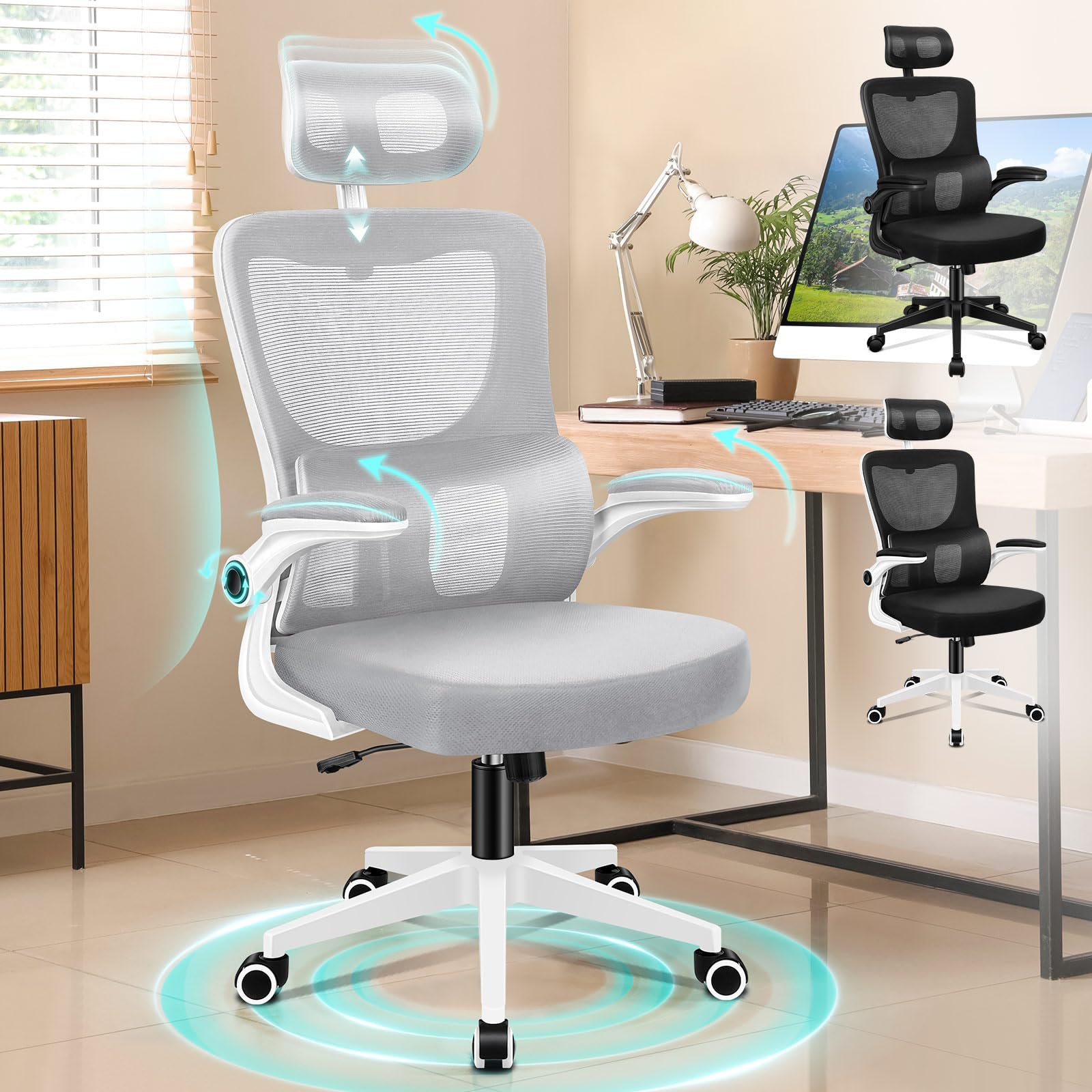 Alfordson Sedia Ufficio Schienale Alto 180kg, Bianco e Grigio