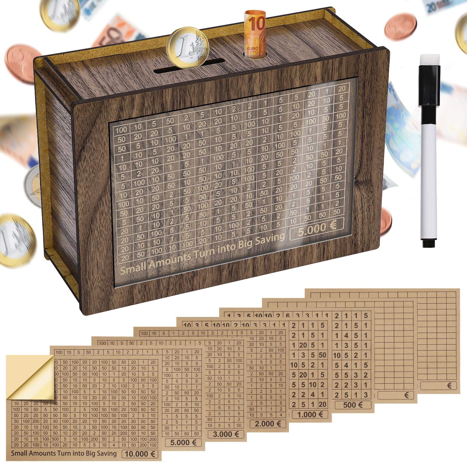 Alyvisun Salvadanaio €5000 in Legno con Adesivi e Pennarello