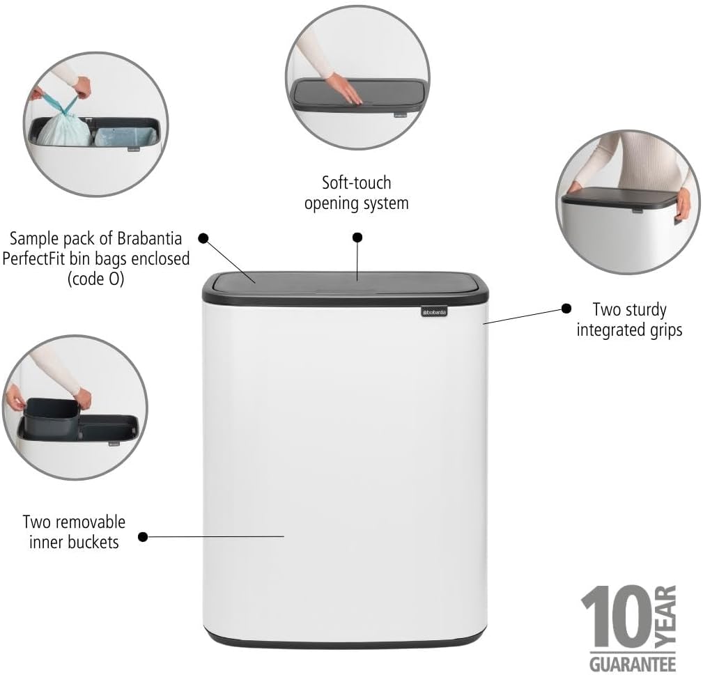 Brabantia Bo Touch Bin Pattumiera, Metallo, Bianco, 2 x 30 Litri - immagine 2