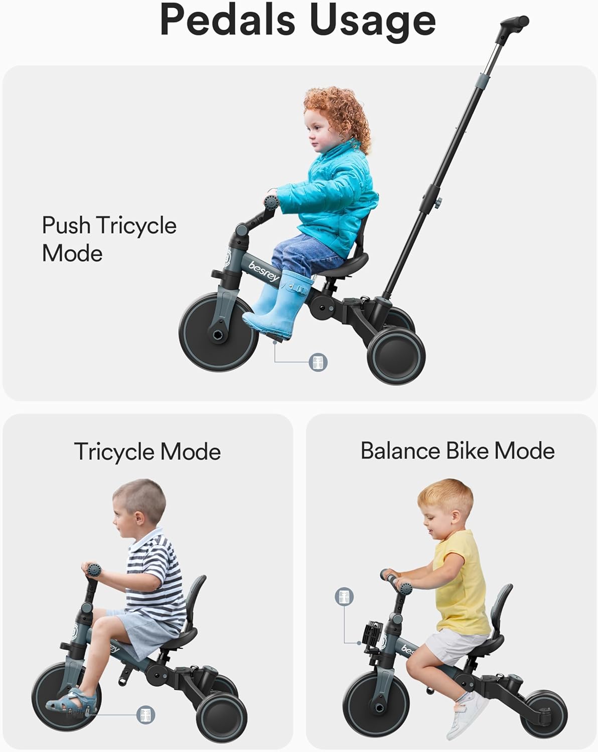 Besrey Triciclo per Bambini 5 in 1 - Blu - immagine 6