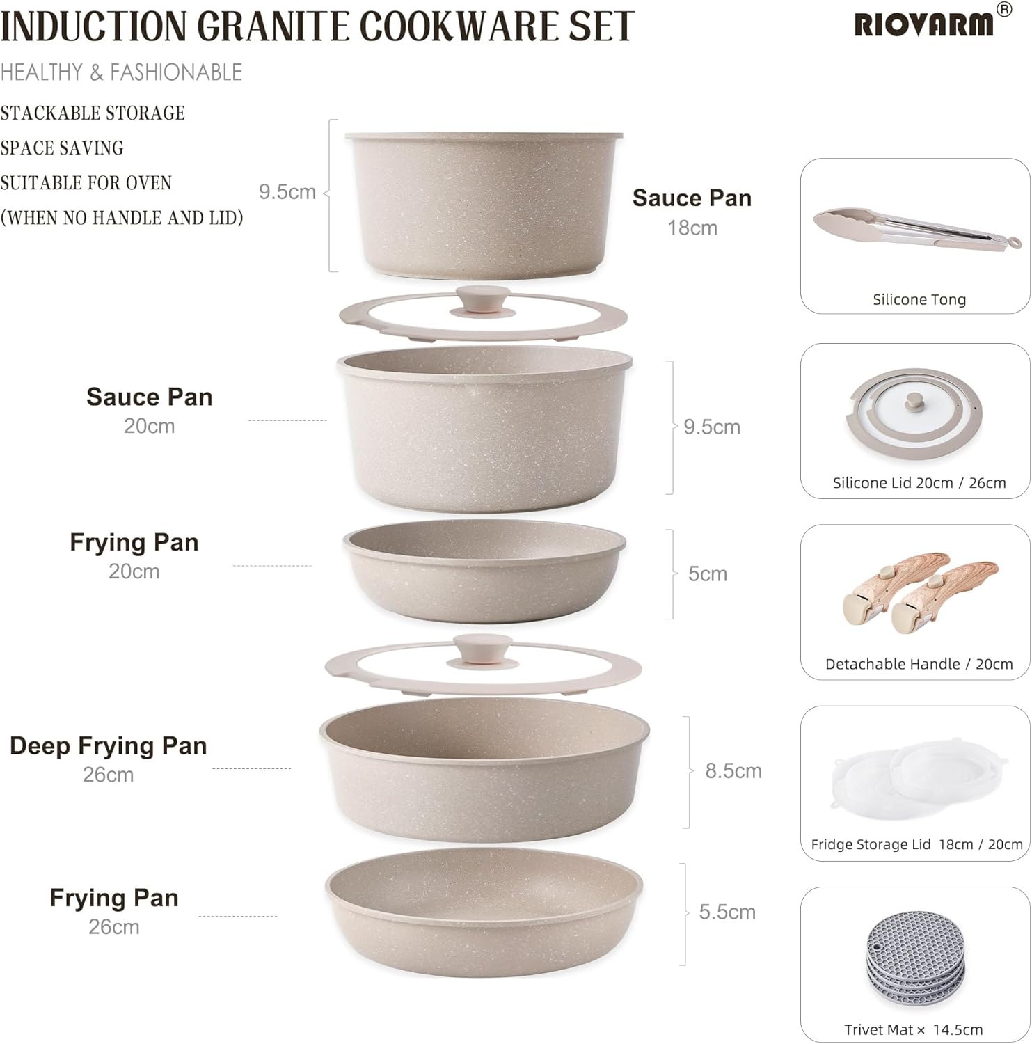 Riovarm Set Pentole Induzione Antiaderenti, Granito - immagine 2