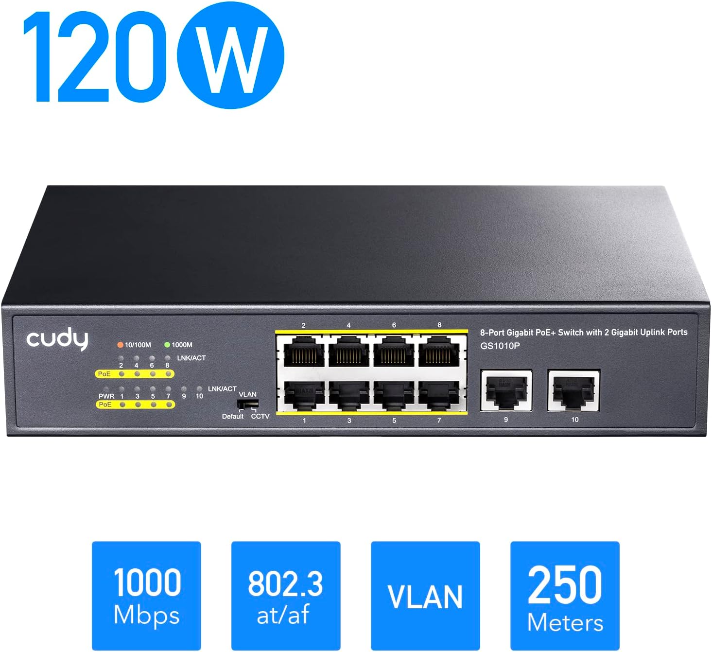 Cudy Switch PoE+ Gigabit Ethernet 8+2 Porte Unmanaged 120W - immagine 4