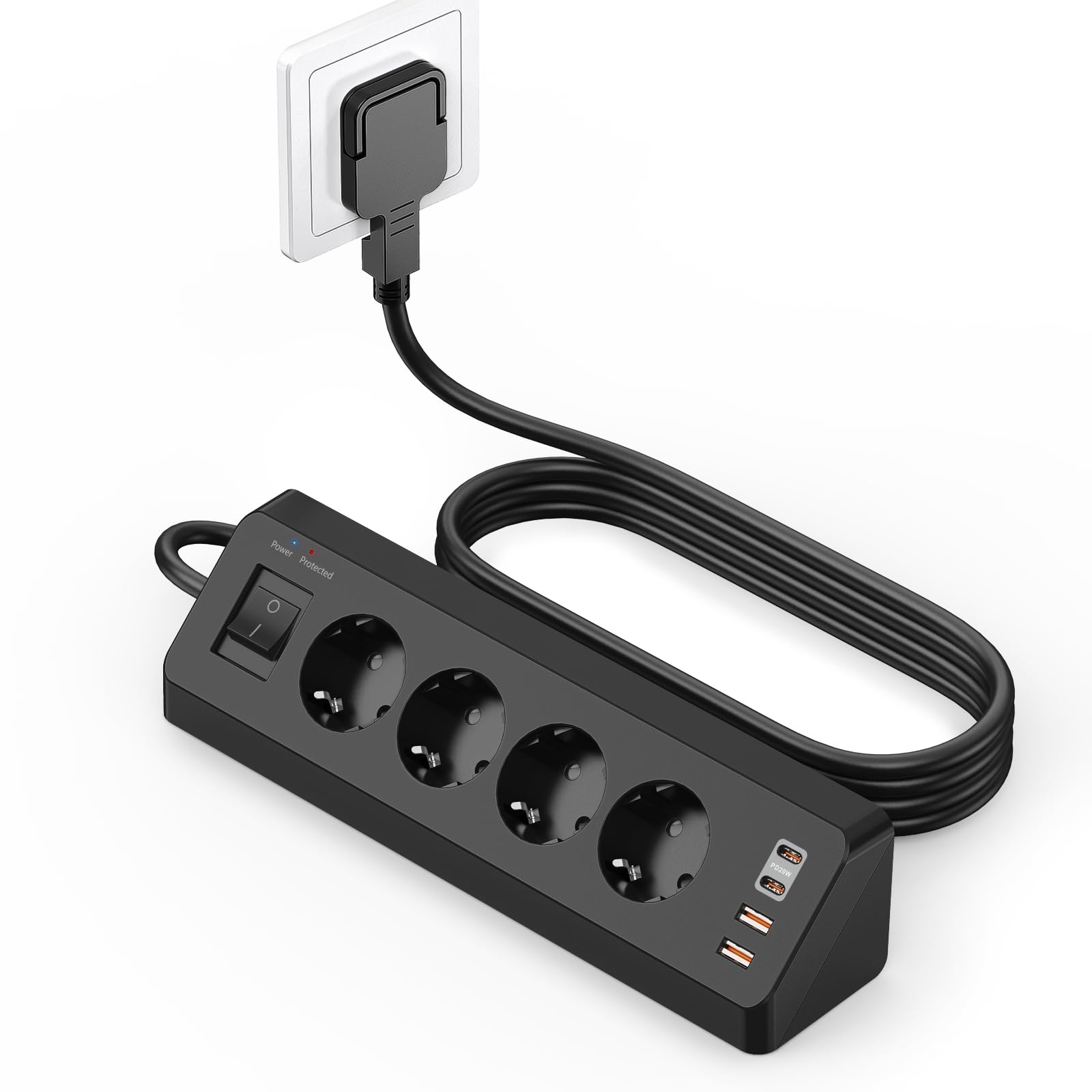Sudeery Presa Angolare 4 Prese con USB-C PD 20W, Nero