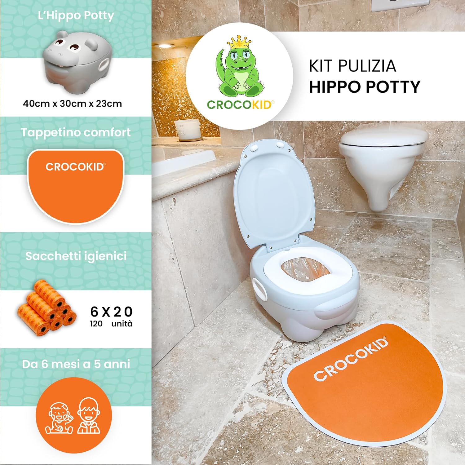 CROCOKID® Hippo Potty - Vasino Portatile 3 in 1, Arancione - immagine 2