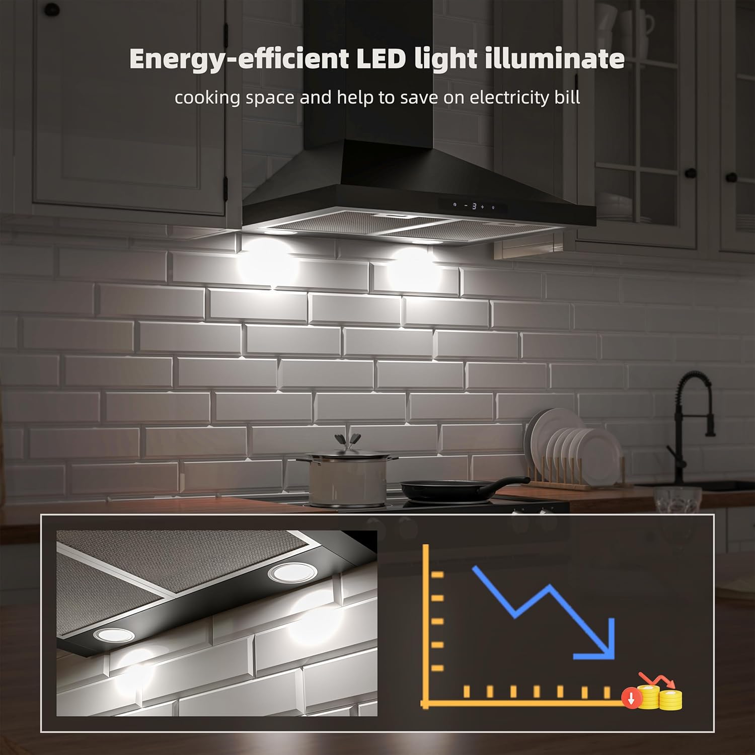 Firegas Cappa Aspirante 60 cm Nera, Acciaio Inox - immagine 8