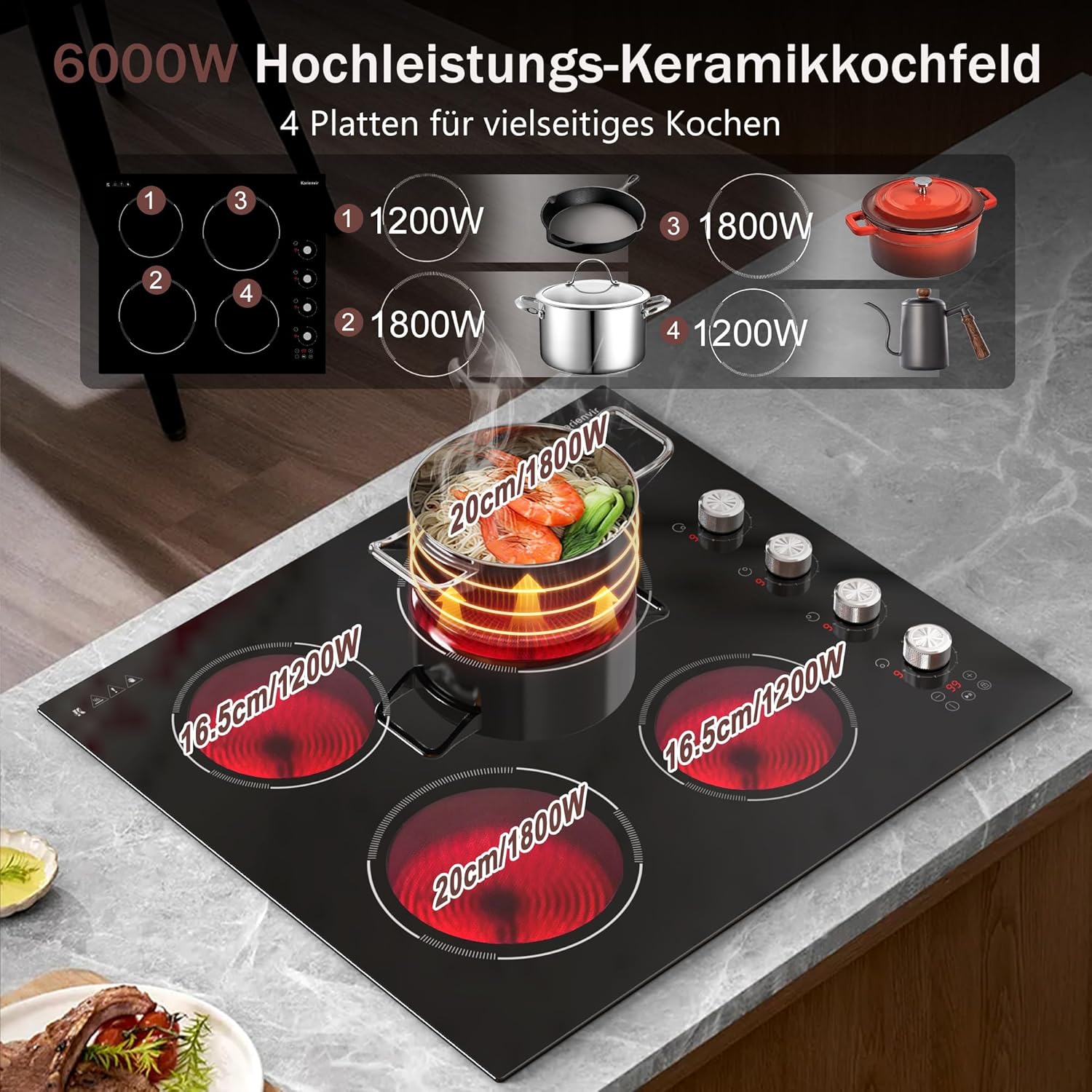 Karienvir Piano Cottura in Ceramica 4 Fuochi, 60 cm - immagine 5