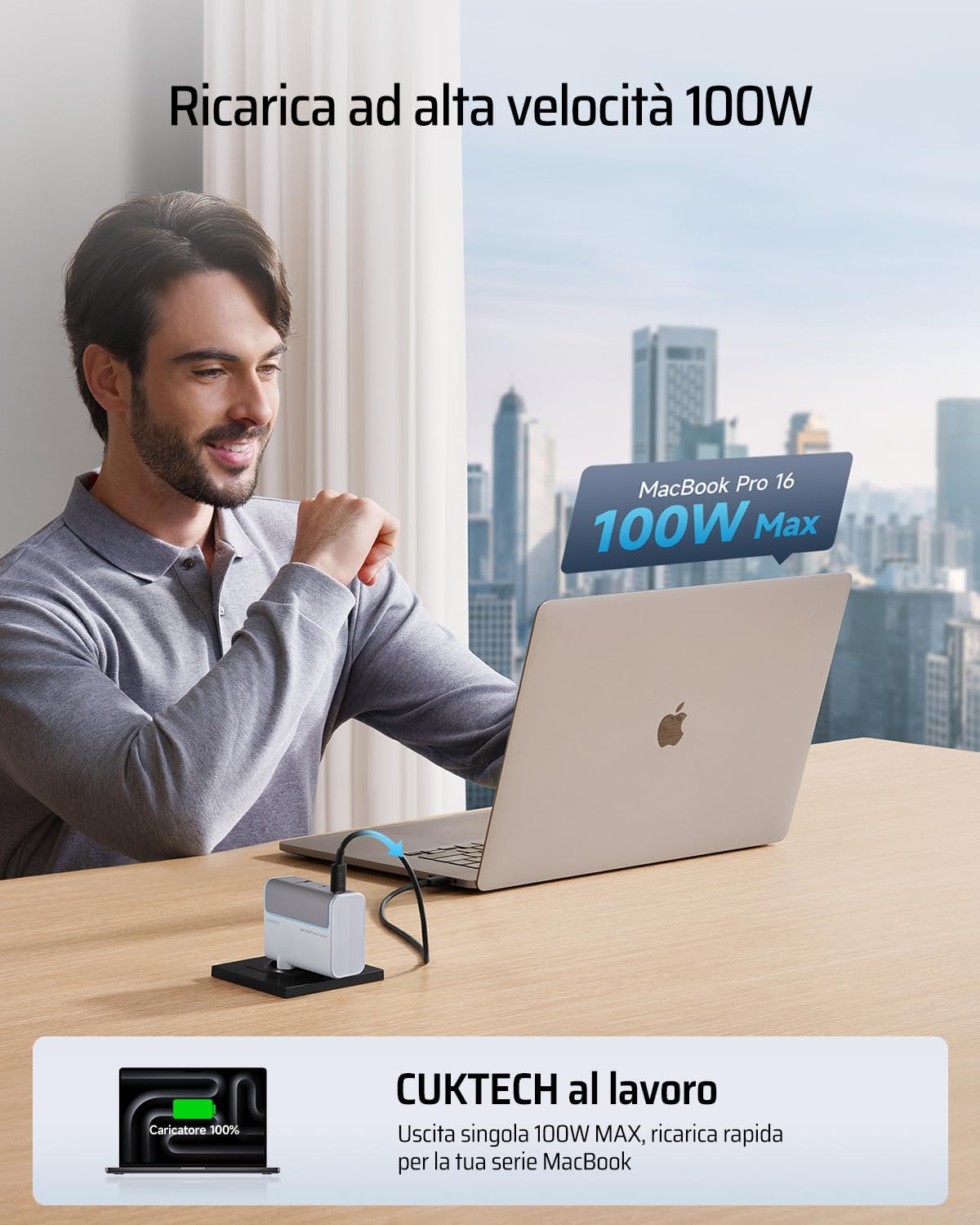 Cuktech Caricatore USB C 100W GaN Rapido Multiplo - immagine 4