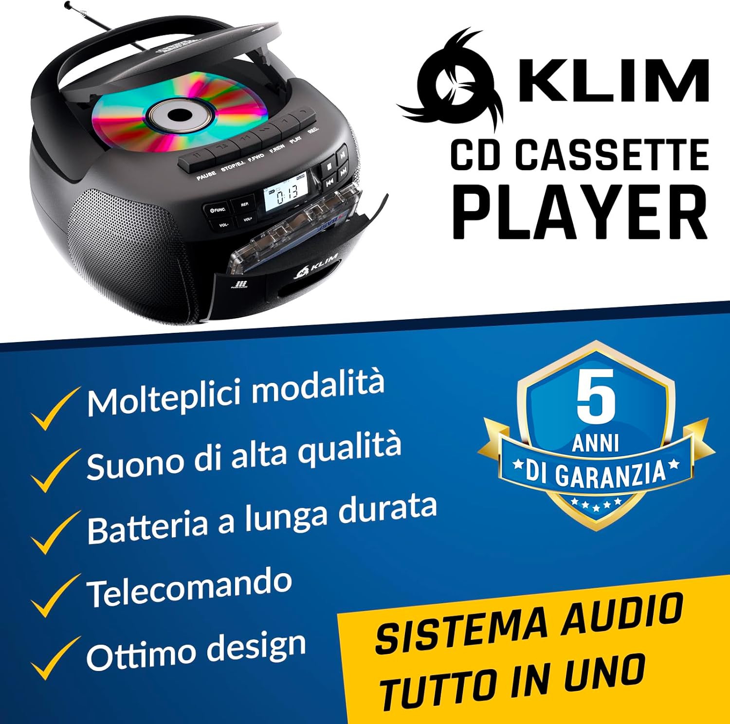 Klim Lettore CD + Cassette Audio, Radio AM/FM Bluetooth - immagine 2