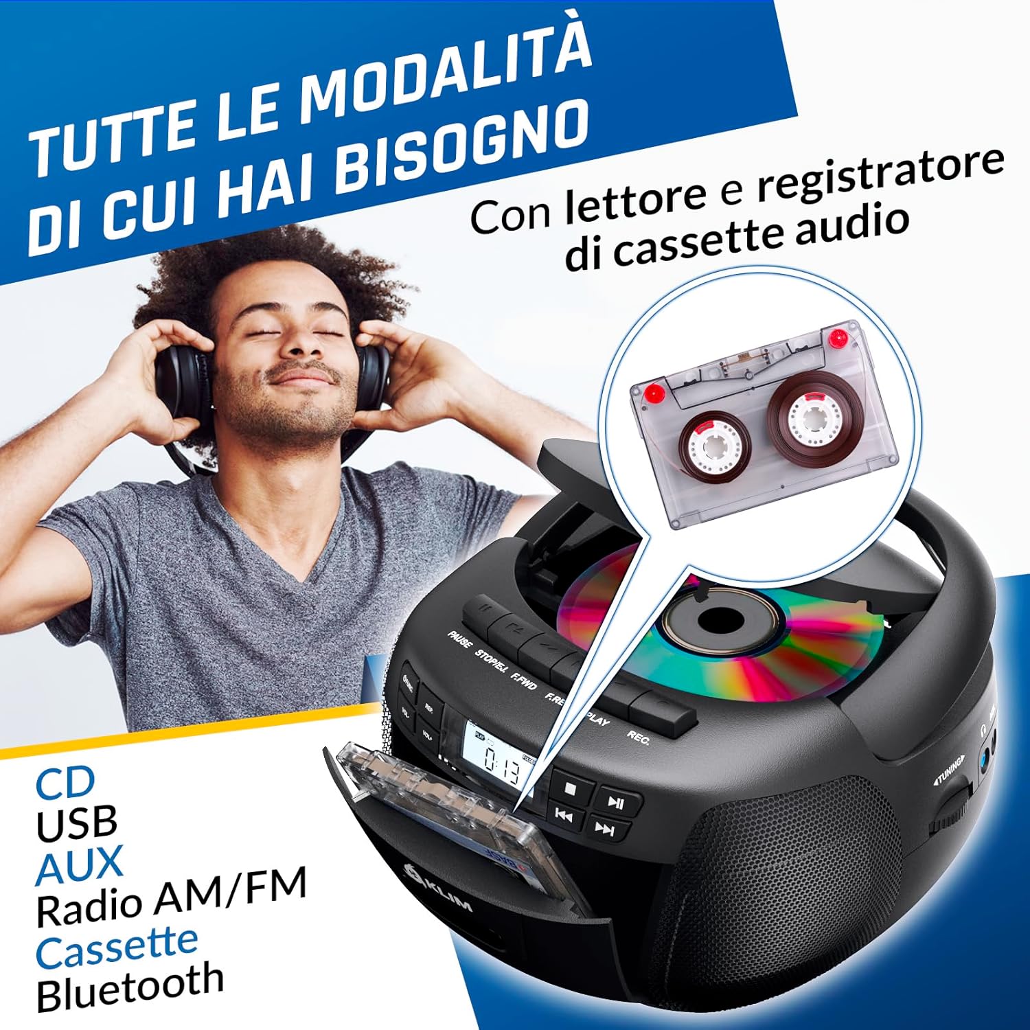 Klim Lettore CD + Cassette Audio, Radio AM/FM Bluetooth - immagine 3
