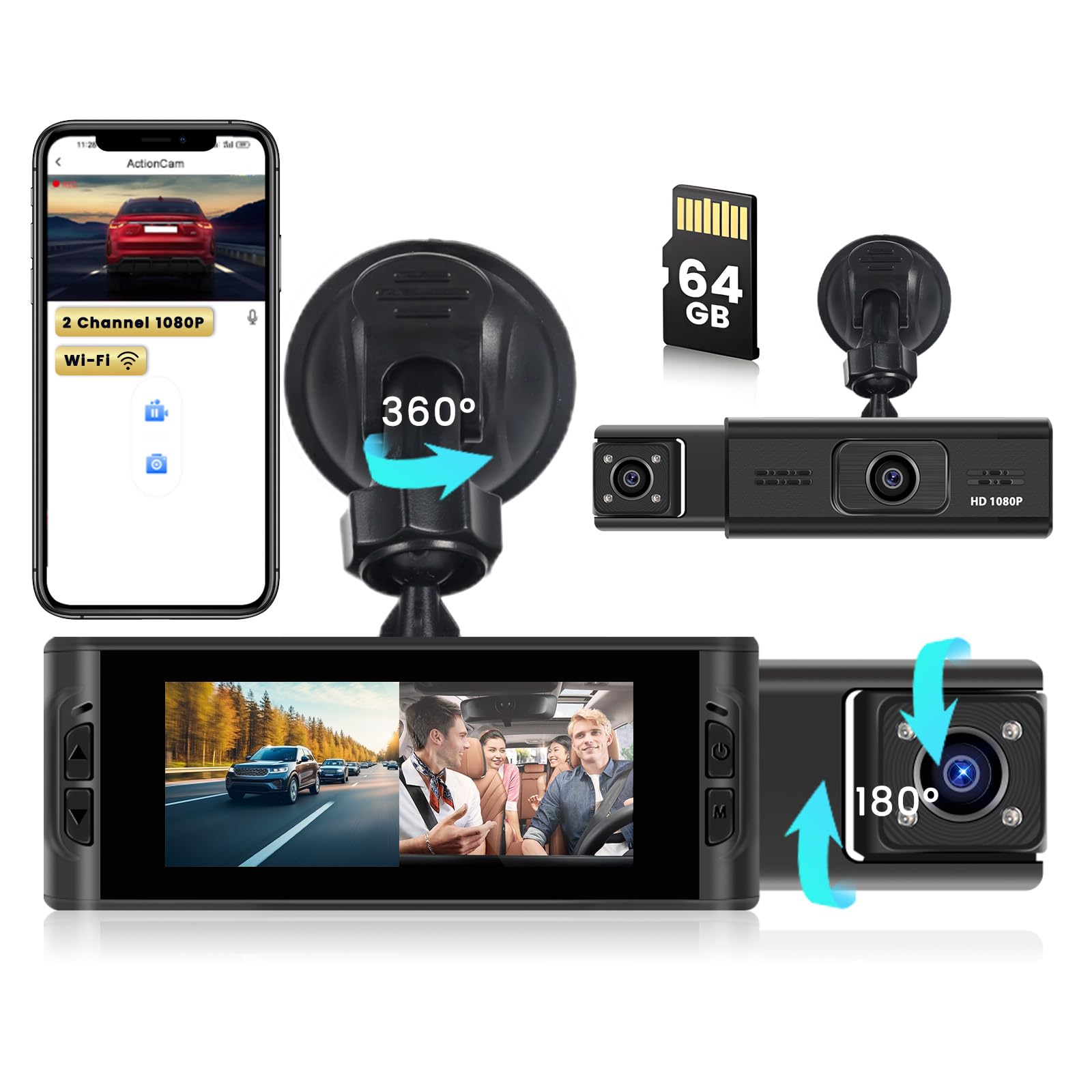 Wi-Fi Dash Cam 1080P FHD con Scheda 64GB