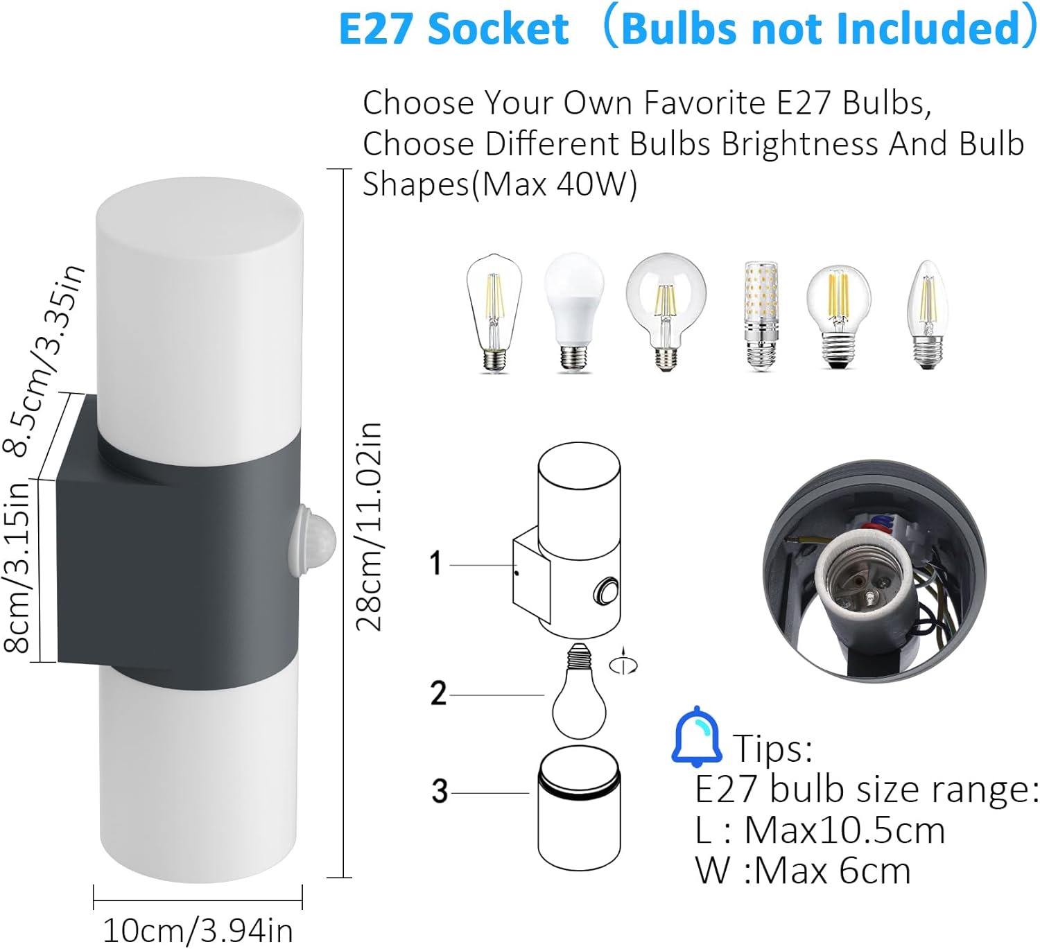 Klighten Applique da Parete E27 Esterno/Interno, Antracite - immagine 3