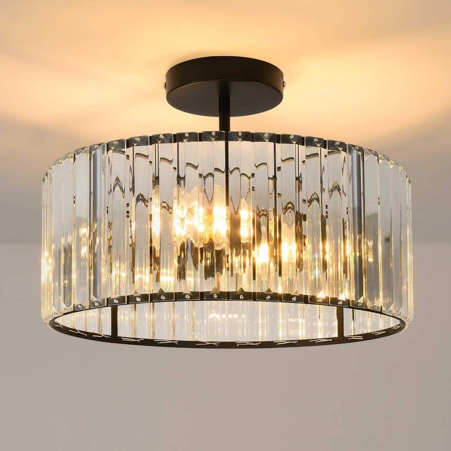 Anwio Plafoniera Cristallo Nero E27 3 Luci 36.5 CM