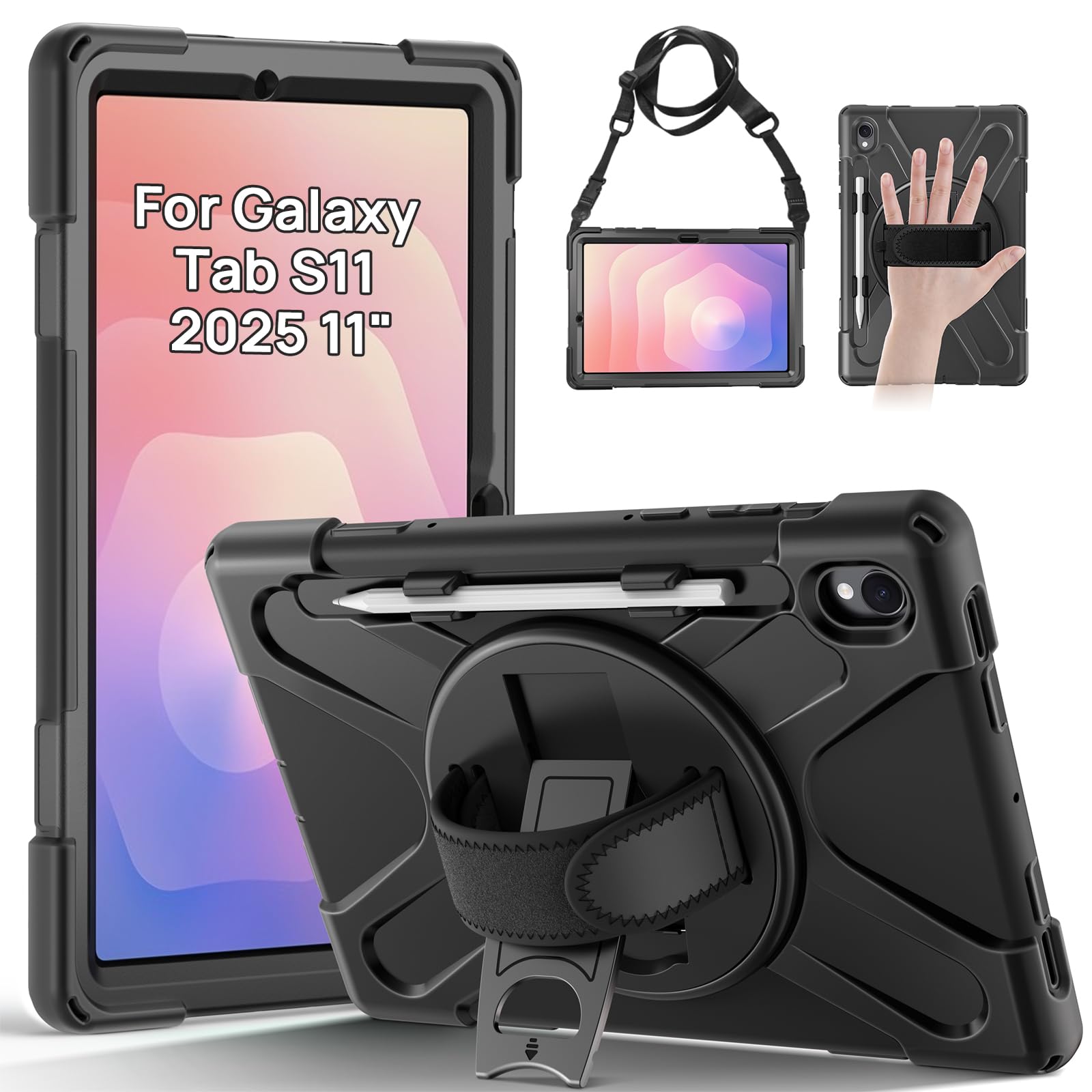 Gerutek Cover per Samsung Galaxy Tab S11 11 Pollici 2025 SM-X730/X736B, Custodia Antiurto con Supporto Cavalletto 360°/Cinghia a Mano/Spalla/Portapenne per Galaxy Tab S11, Nero