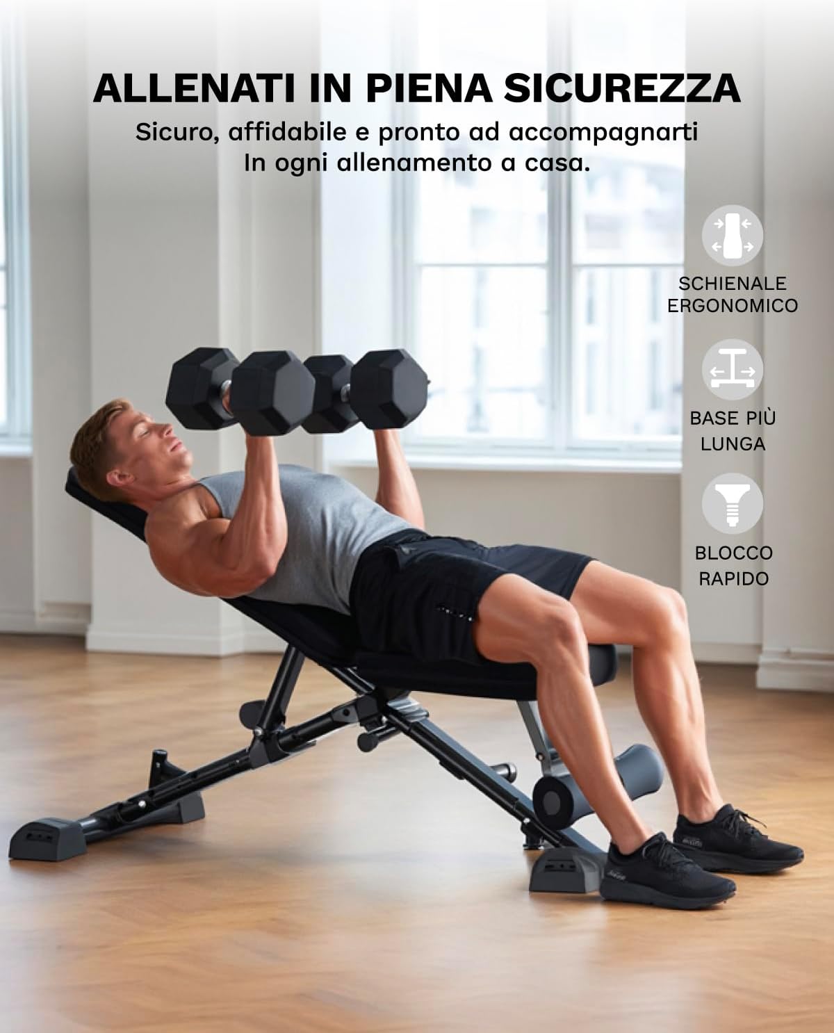 AIRHOP Panca Pesi Regolabile, Panca Palestra Multifunzione per Allenamento, Inclinabile/Declinabile, Rapido Ripiegamento e Risparmio di Spazio, Ideale per Allenamento di Forza a Casa o in Palestra - immagine 2