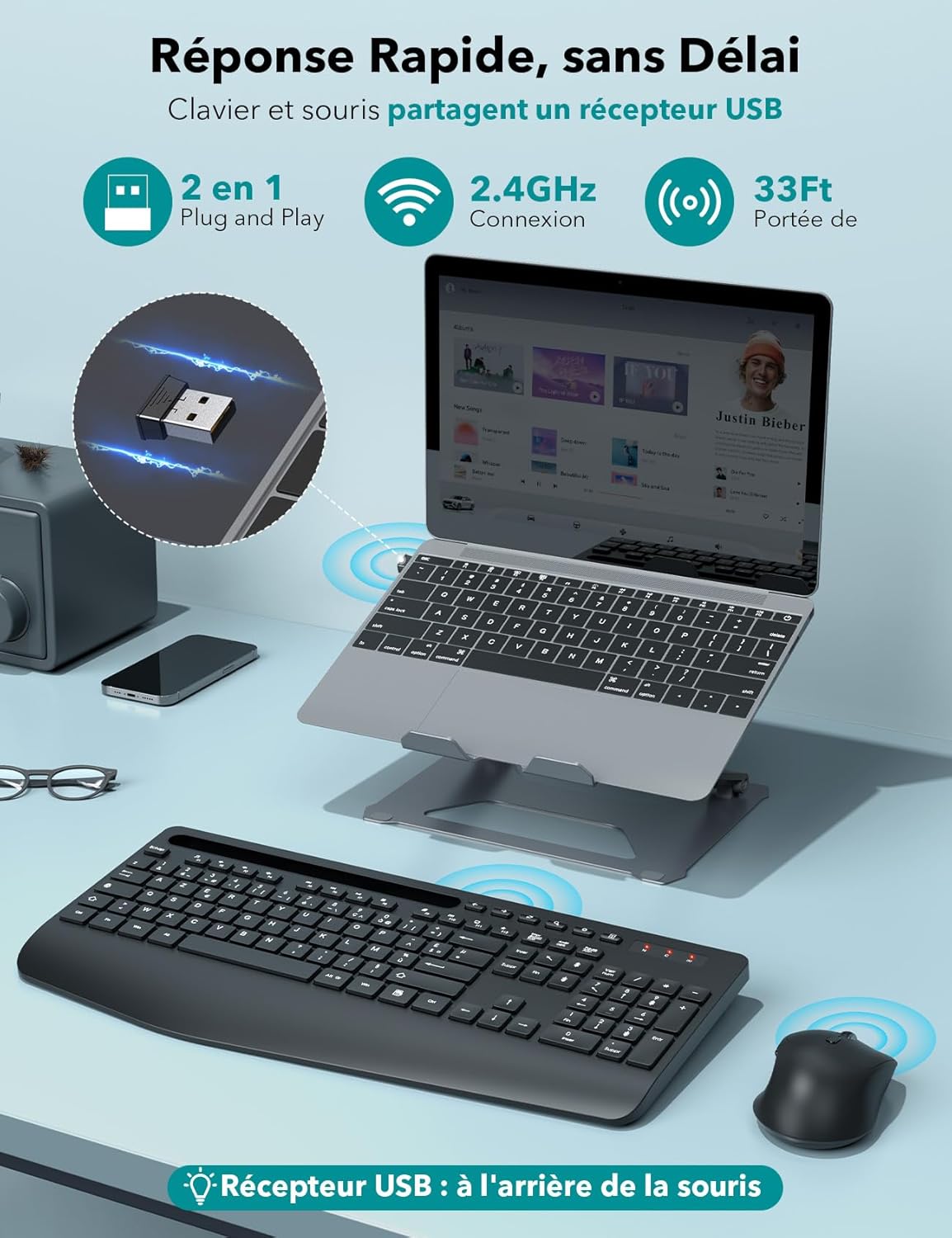 Set Tastiera e Mouse Wireless AZERTY Francese, Nero - immagine 4