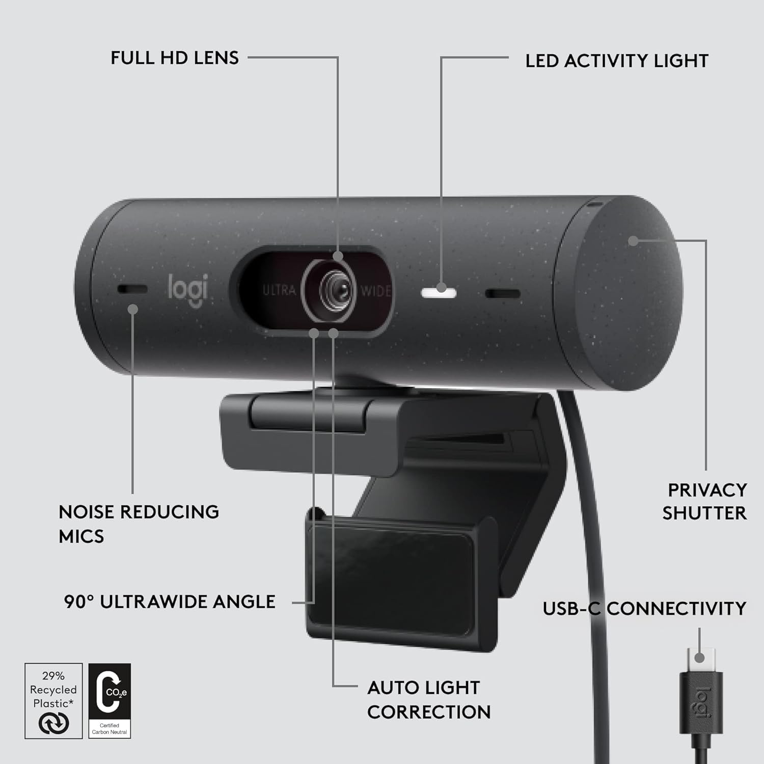 Logitech Brio 500 - Webcam Full HD, Grafite - immagine 5