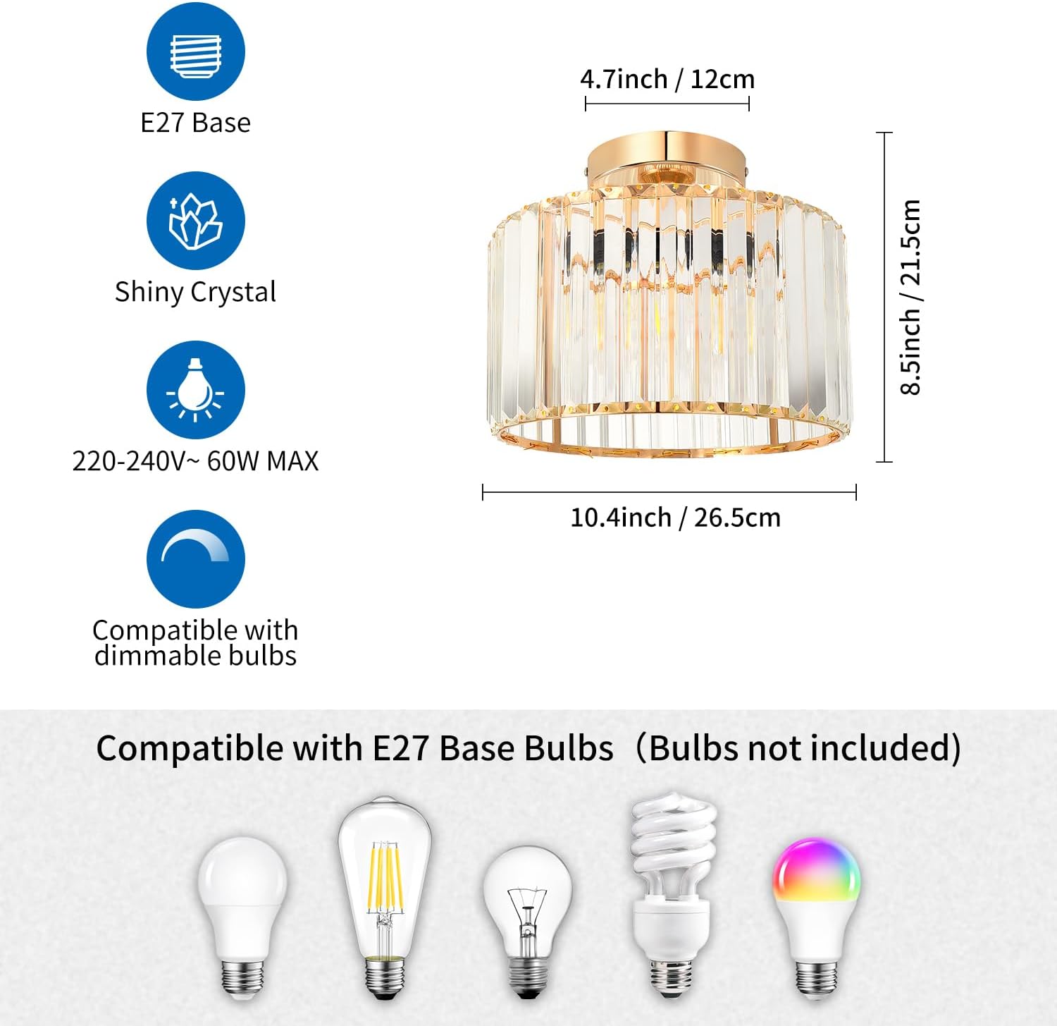 Anwio Lampada Soffitto Cristallo Oro E27 26.5 CM - immagine 4