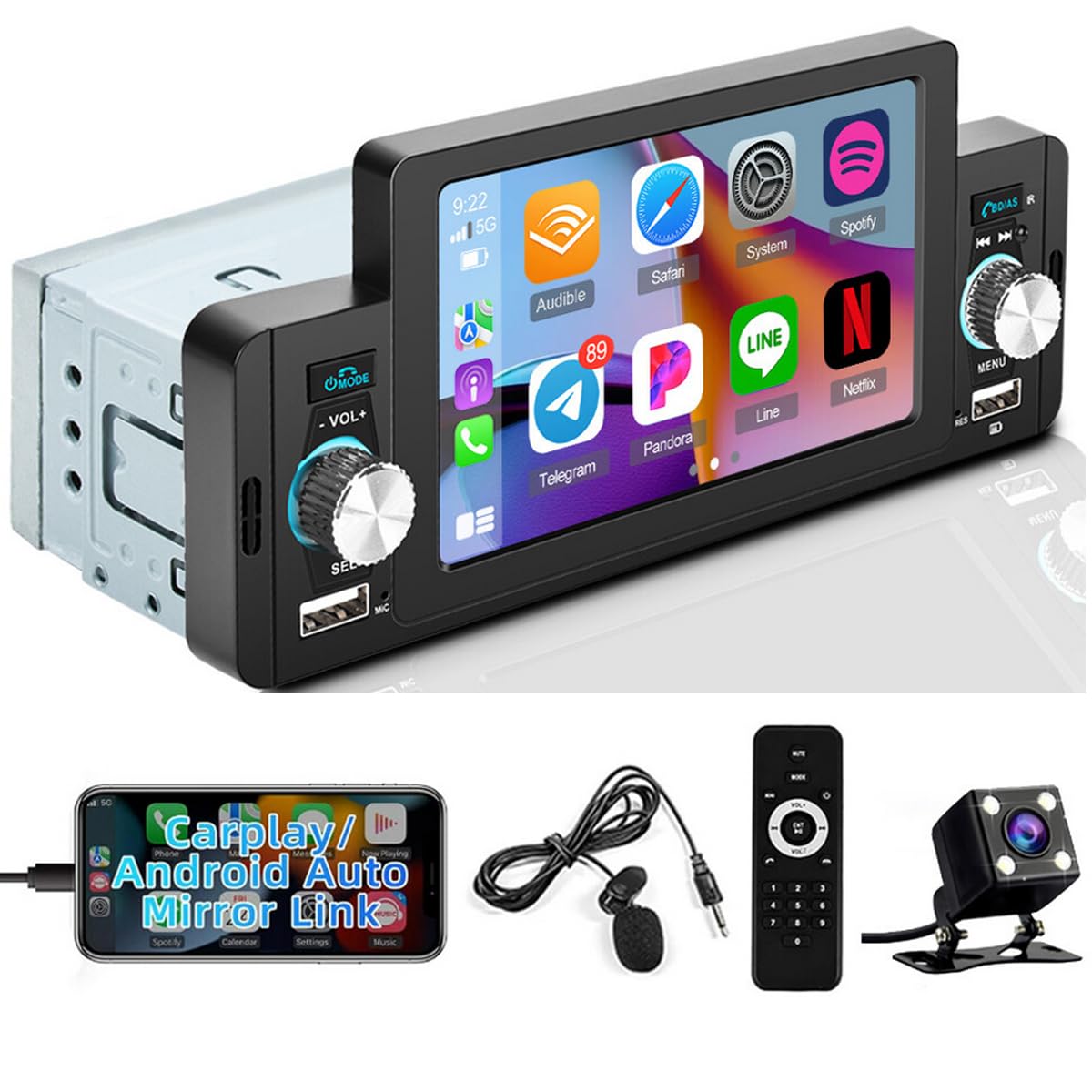 Hikity 1 Din Autoradio Carplay Android Auto 5 Pollici