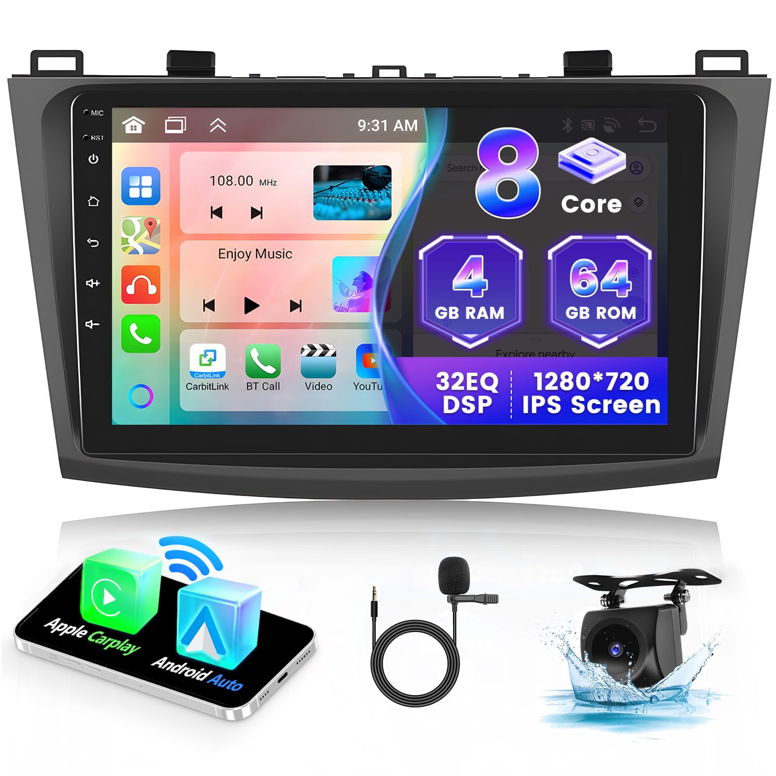 Hikity Autoradio 2 Din Android 9" IPS per Mazda 3 2009-2013