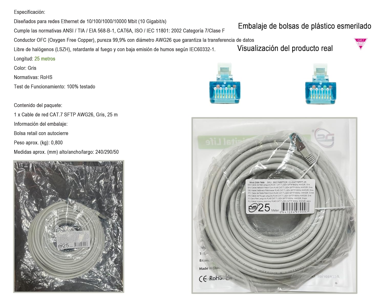 D.Square Cavo Ethernet LAN 25m Cat.7 SFTP, Grigio - immagine 2