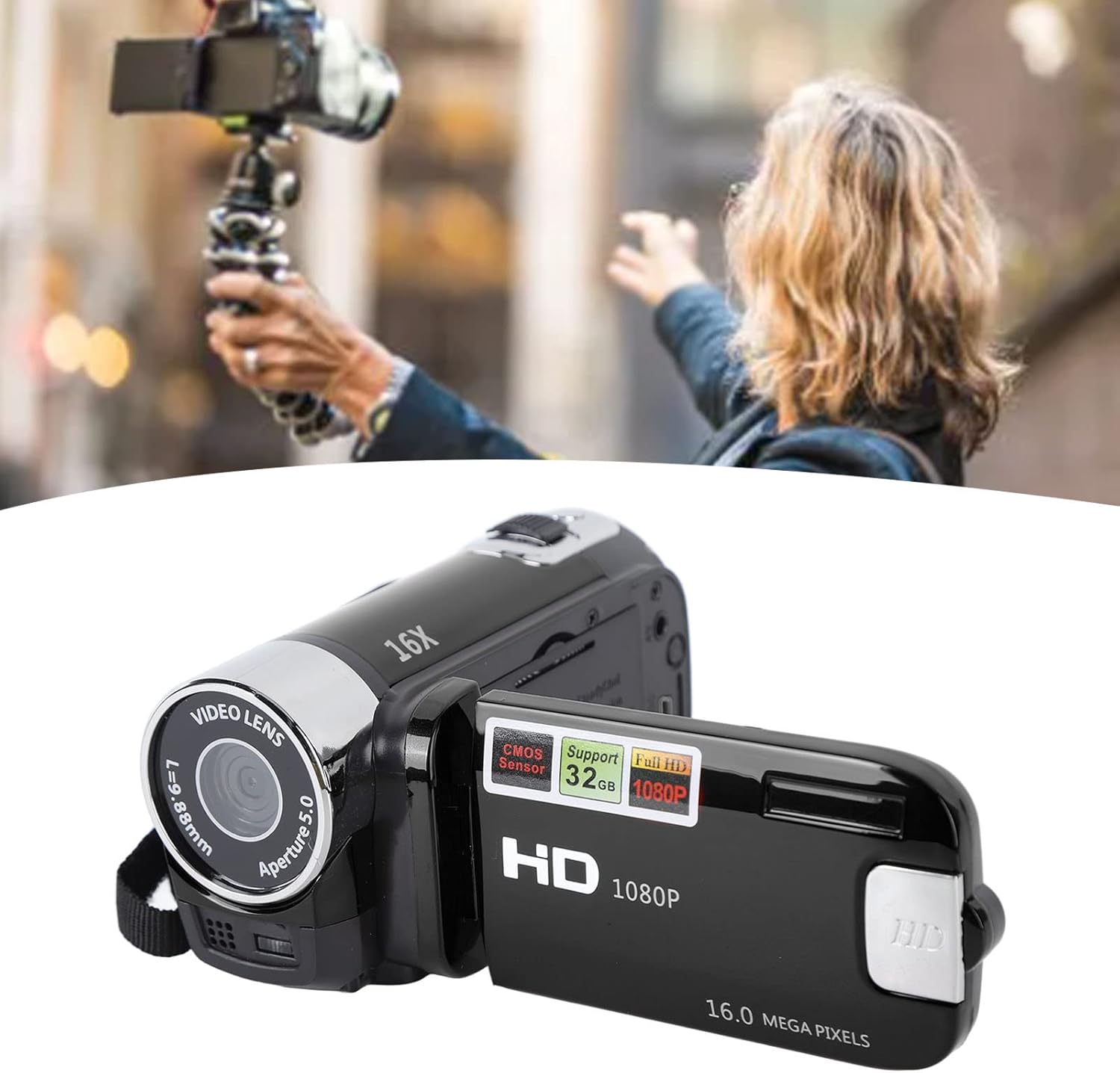 Videocamera Portatile DV 1080P 16MP, Nera - immagine 4