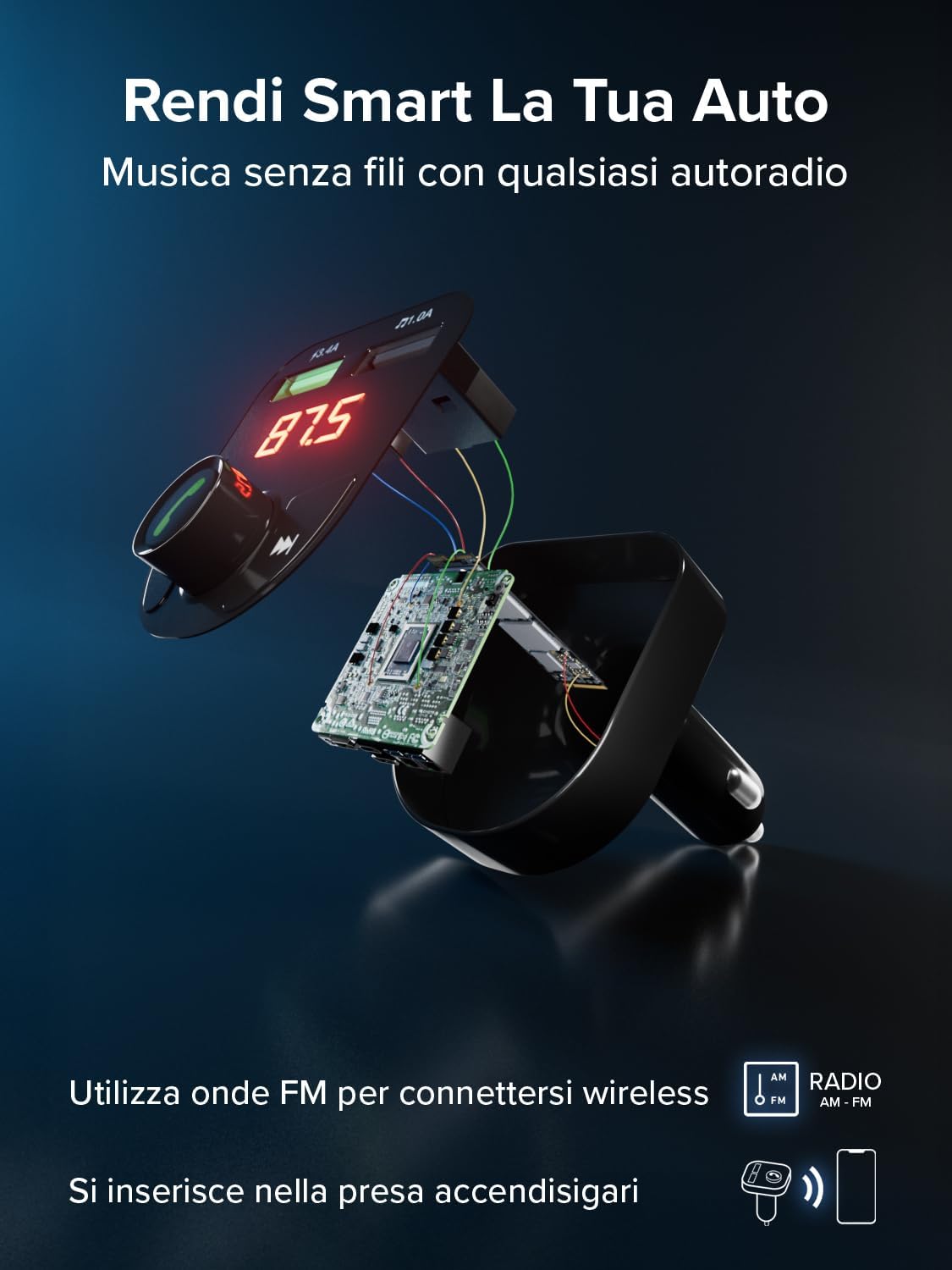 Sbs Carica Batteria Auto 15W con Trasmettitore FM, Nero - immagine 3