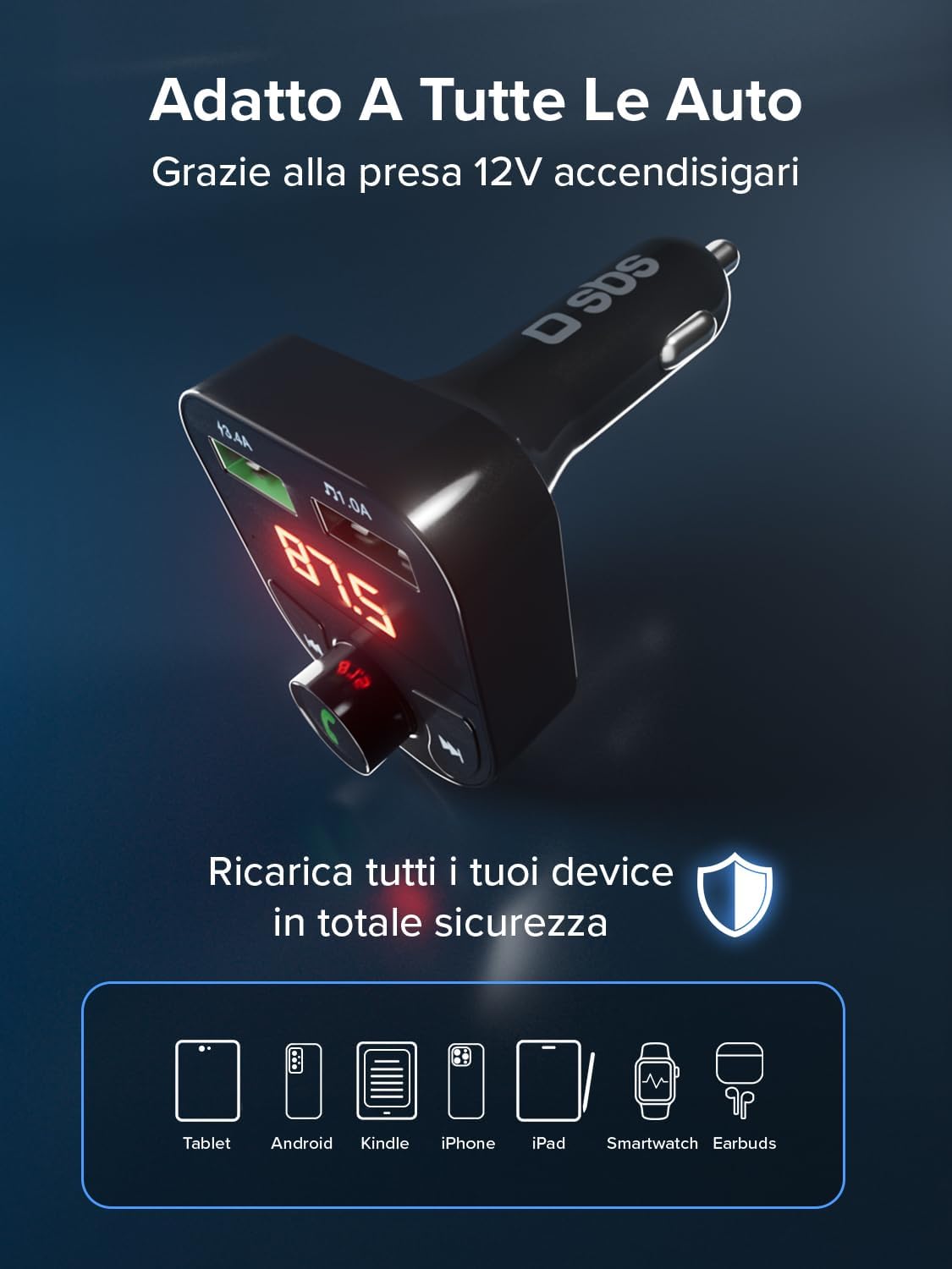 Sbs Carica Batteria Auto 15W con Trasmettitore FM, Nero - immagine 4