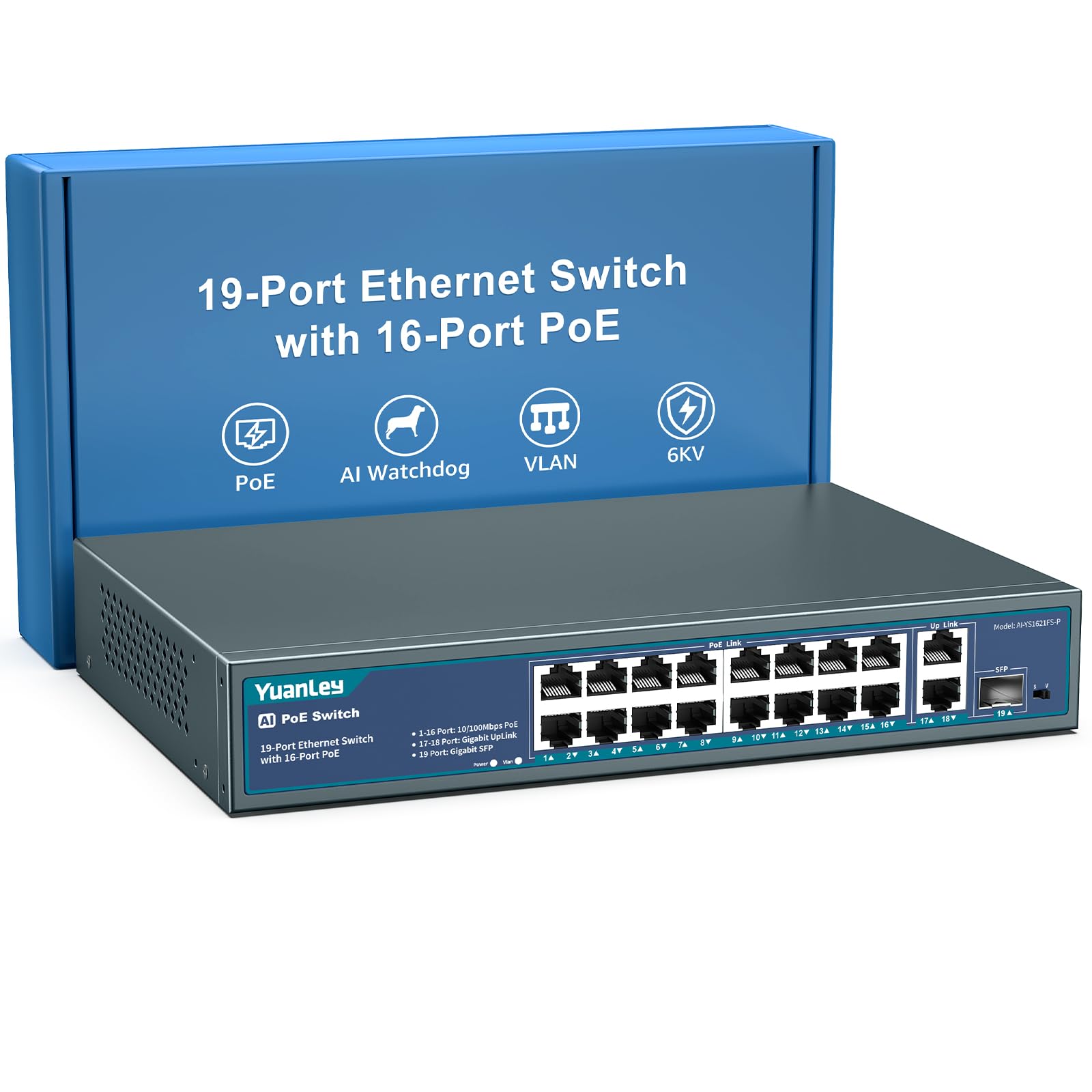 Yuanley Switch PoE 16 Porte con 2 Uplink Gigabit, 1 SFP