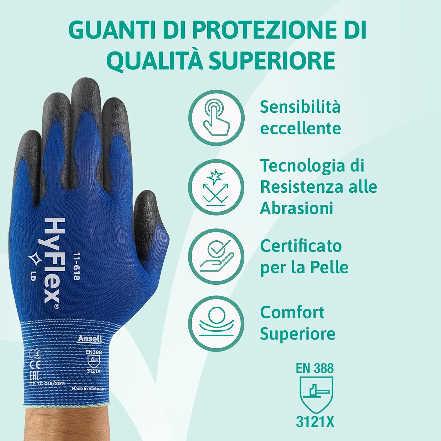 Ansell HyFlex 11-618 - Guanti da Lavoro Sottili, Blu - immagine 2
