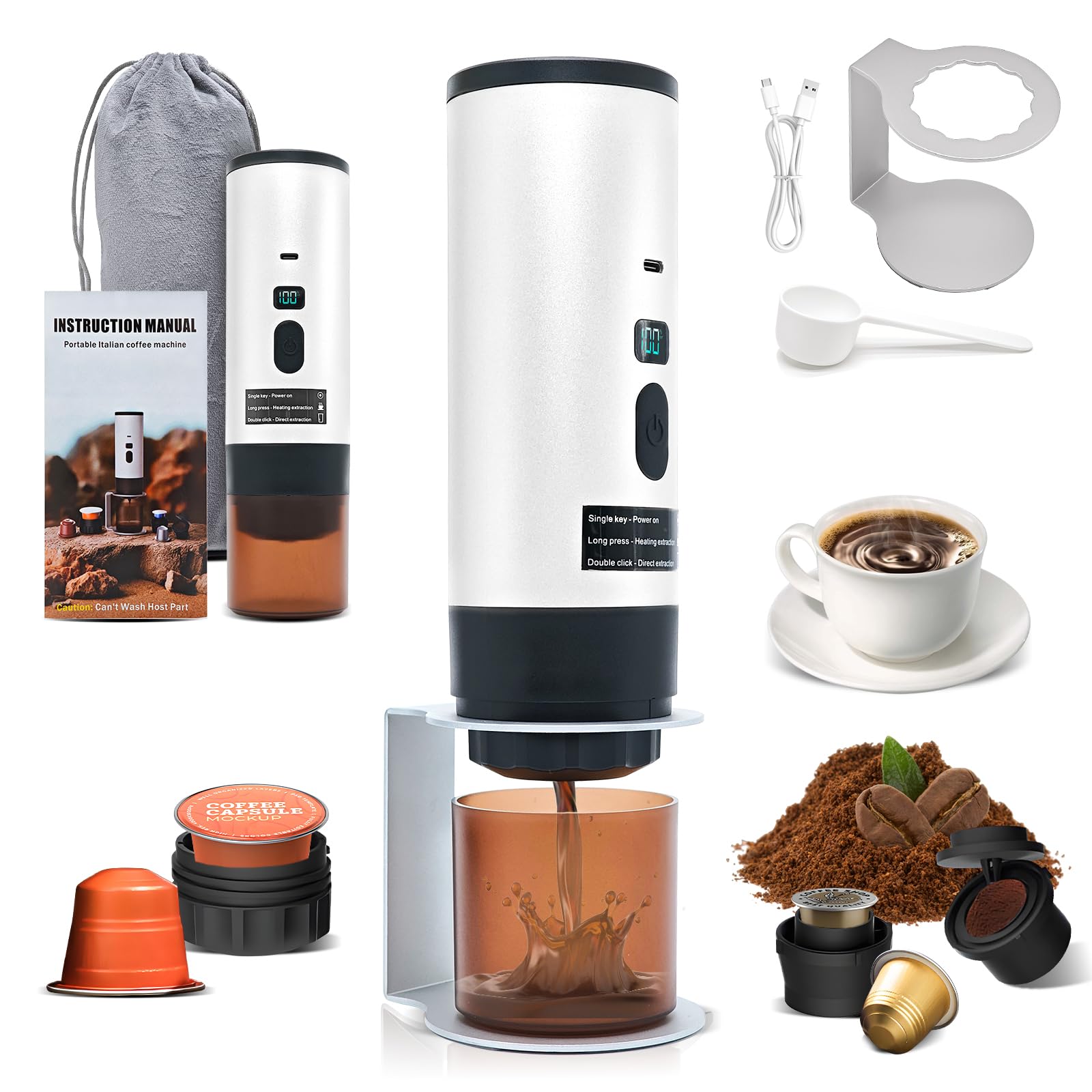 Roserrose Caffettiera Portatile Senza Fili 15 Bar, Bianco