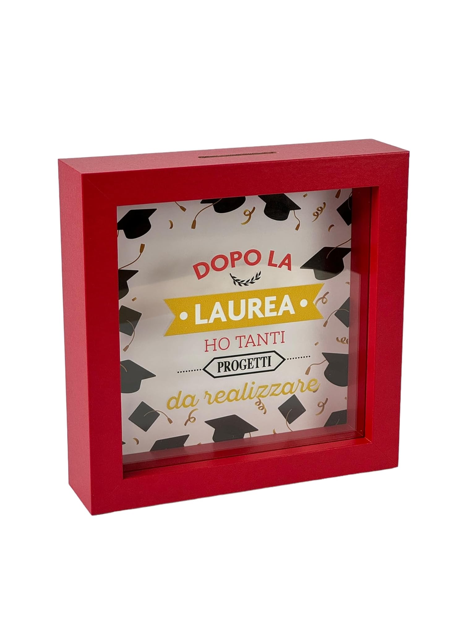 Salvadanaio Laurea in Legno Cornice Rossa 16x16 cm