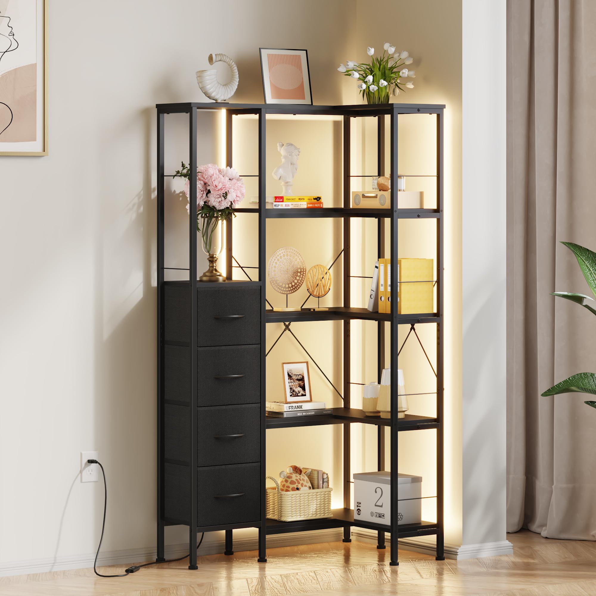 Libreria Angolare Verticale a 5 Ripiani con LED, Nera