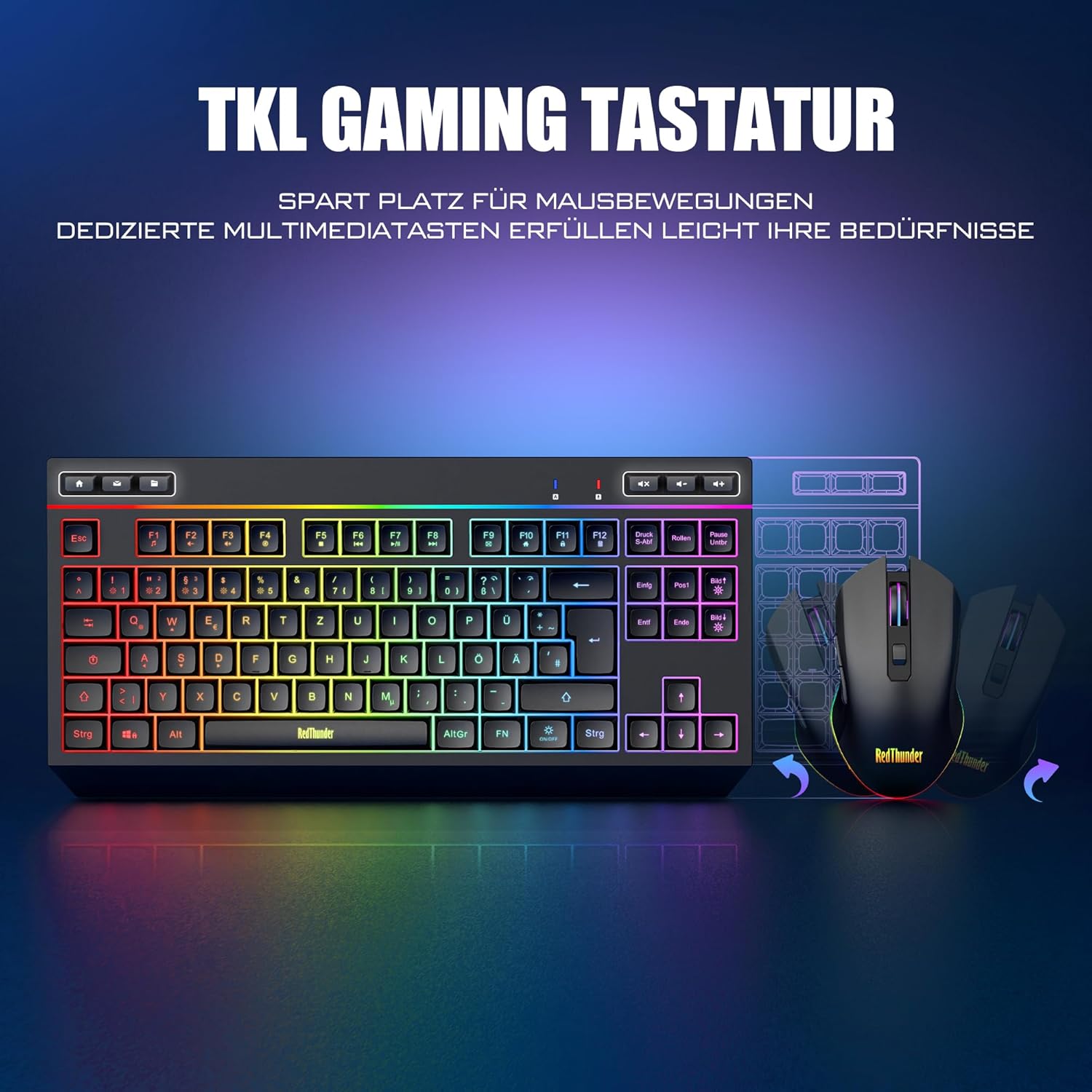 Redthunder Set Tastiera e Mouse Wireless 75%, Nero - immagine 2